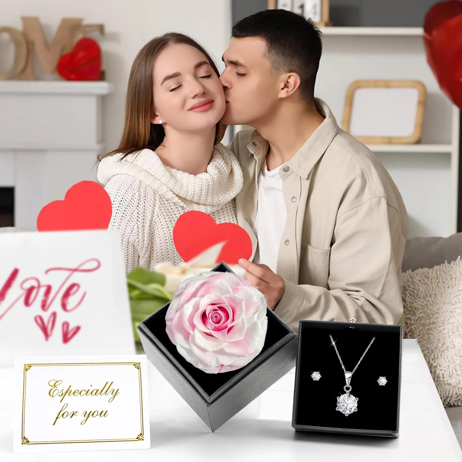 Miofula Rosa Stabilizzata Regalo Donna Compleanno,Rosa Eterna con Collana Orecchini Donna Argento,Rose Stabilizzate Regali Mamma Nonna,Fiori Scatola Regalo Fidanzata Natale San Valentino Anniversario - immagine 5