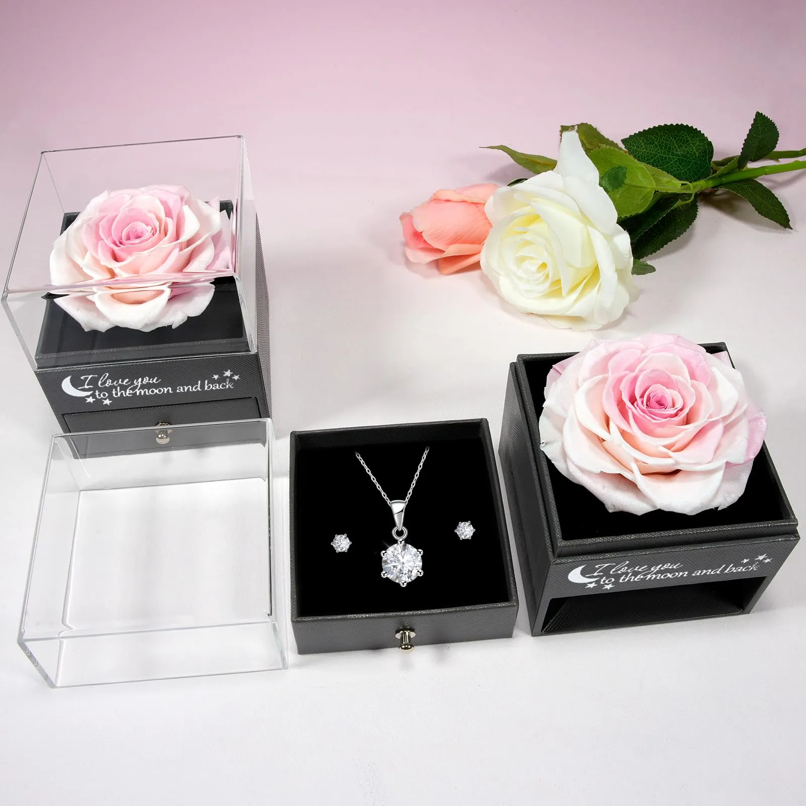Miofula Rosa Stabilizzata Regalo Donna Compleanno,Rosa Eterna con Collana Orecchini Donna Argento,Rose Stabilizzate Regali Mamma Nonna,Fiori Scatola Regalo Fidanzata Natale San Valentino Anniversario - immagine 6