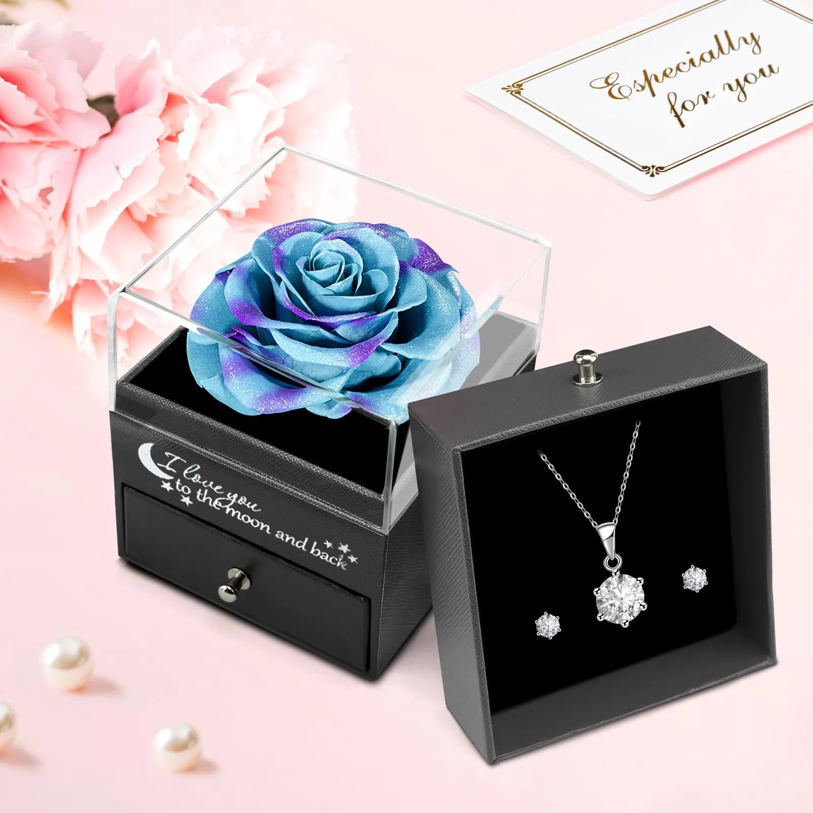 Miofula Rosa Stabilizzata Regalo Donna Compleanno,Rosa Eterna con Collana Orecchini Donna Argento,Rose Stabilizzate Regali Mamma Nonna,Fiori Scatola Regalo Fidanzata Natale San Valentino Anniversario - immagine 4