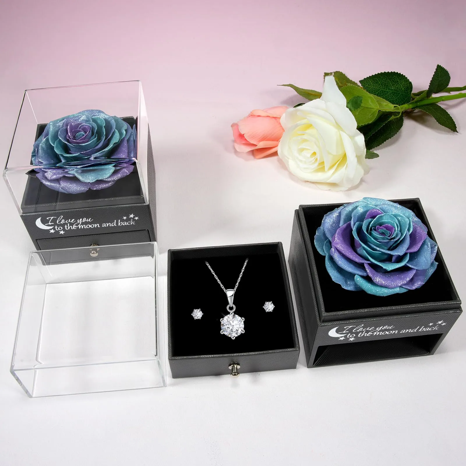 Miofula Rosa Stabilizzata Regalo Donna Compleanno,Rosa Eterna con Collana Orecchini Donna Argento,Rose Stabilizzate Regali Mamma Nonna,Fiori Scatola Regalo Fidanzata Natale San Valentino Anniversario - immagine 6