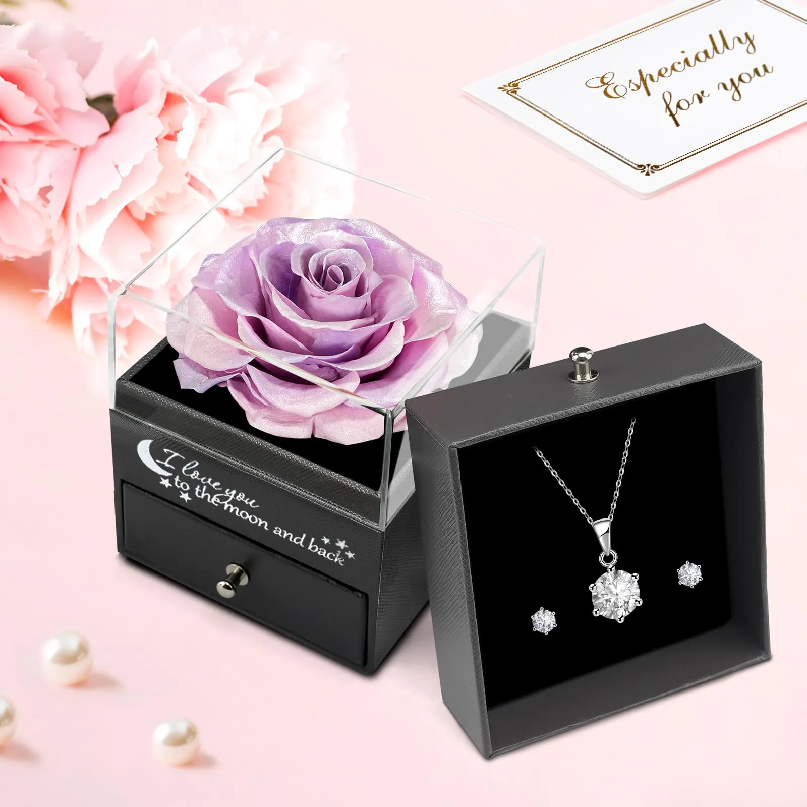 Miofula Rosa Stabilizzata Regalo Donna Compleanno,Rosa Eterna con Collana Orecchini Donna Argento,Rose Stabilizzate Regali Mamma Nonna,Fiori Scatola Regalo Fidanzata Natale San Valentino Anniversario - immagine 4