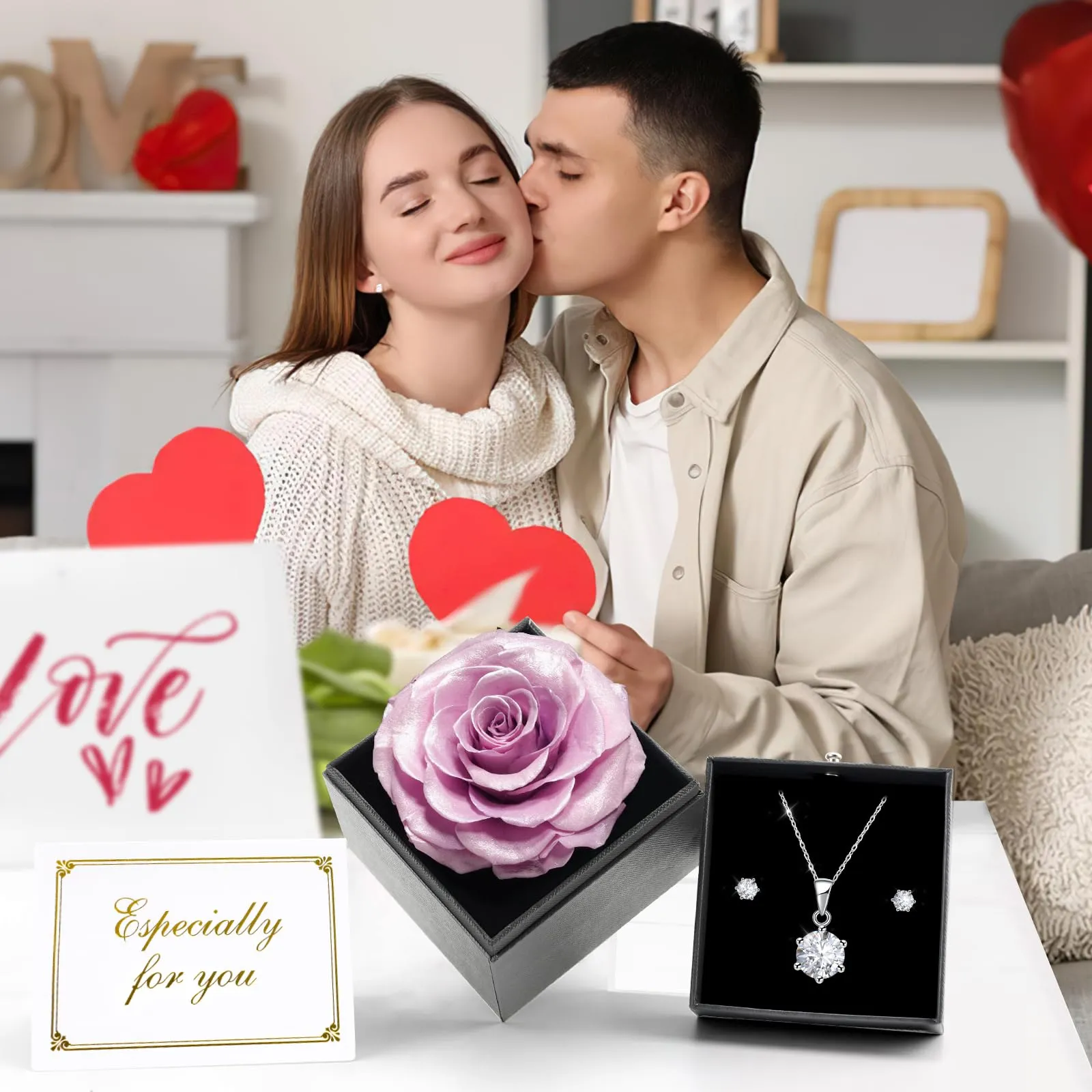 Miofula Rosa Stabilizzata Regalo Donna Compleanno,Rosa Eterna con Collana Orecchini Donna Argento,Rose Stabilizzate Regali Mamma Nonna,Fiori Scatola Regalo Fidanzata Natale San Valentino Anniversario - immagine 5
