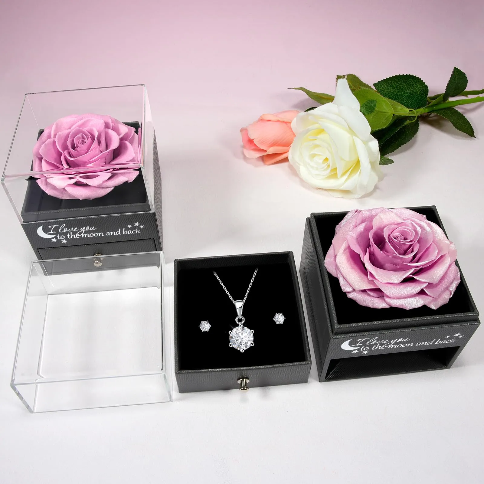 Miofula Rosa Stabilizzata Regalo Donna Compleanno,Rosa Eterna con Collana Orecchini Donna Argento,Rose Stabilizzate Regali Mamma Nonna,Fiori Scatola Regalo Fidanzata Natale San Valentino Anniversario - immagine 6