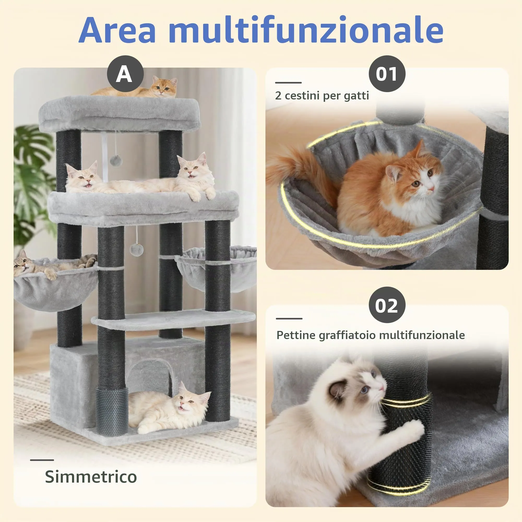 Hey-brother Tiragraffi per Gatti, Colonna sisal 8cm spessa, Cuccia, MPJ02W - immagine 6