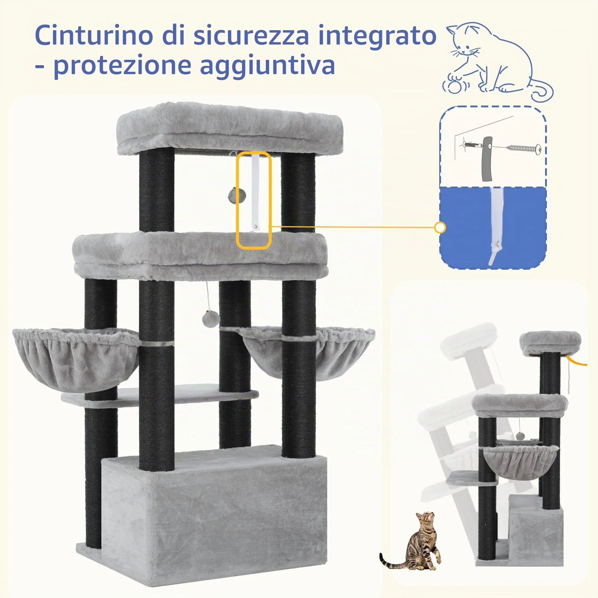 Hey-brother Tiragraffi per Gatti, Colonna sisal 8cm spessa, Cuccia, MPJ02W - immagine 8