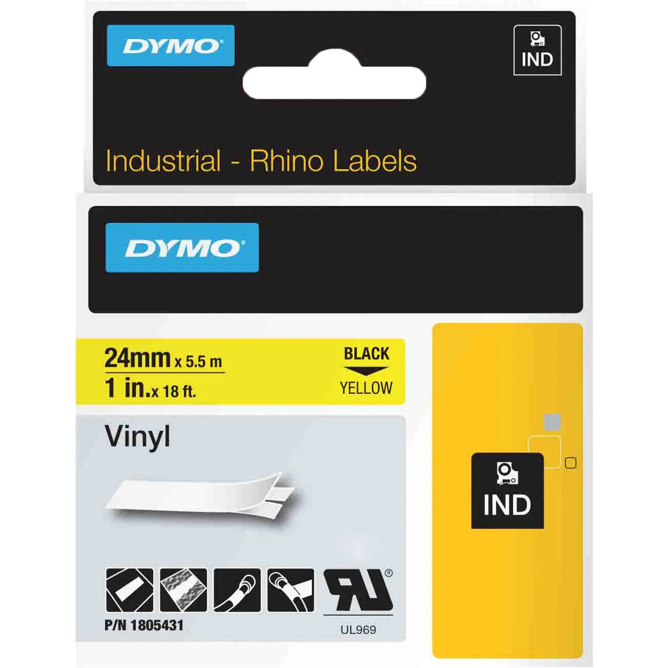 Rhino Etichette in vinile industriale | 24 mm x 5,5 m | Stampa nera su giallo | Autoadesive | per LabelManager e Rhino Label Makers, Nastro di scrittura - immagine 1