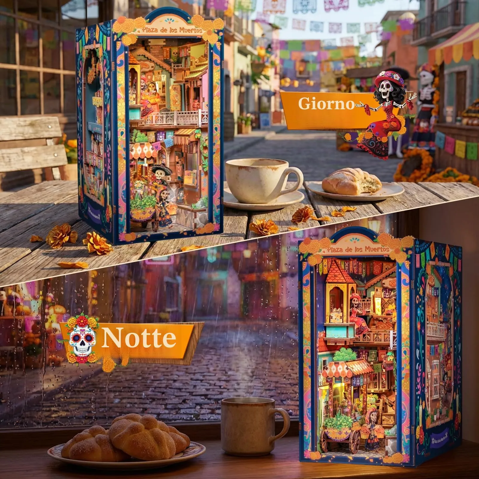 Cutefun Book Nook Kit Día de Muertos - Kit fai da te in miniatura per casa delle bambole, kit di costruzione con luce LED, puzzle in legno 3D decorativi, regalo per - Plaza de los Muertos - immagine 2