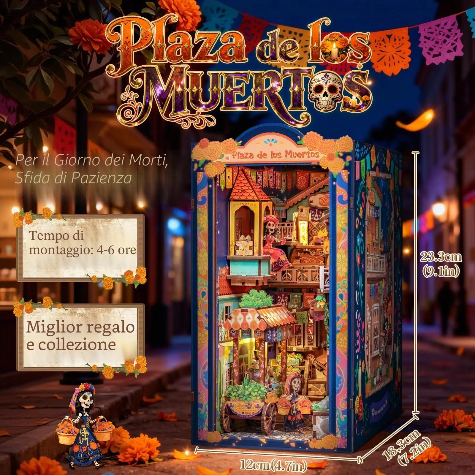 Cutefun Book Nook Kit Día de Muertos - Kit fai da te in miniatura per casa delle bambole, kit di costruzione con luce LED, puzzle in legno 3D decorativi, regalo per - Plaza de los Muertos - immagine 3