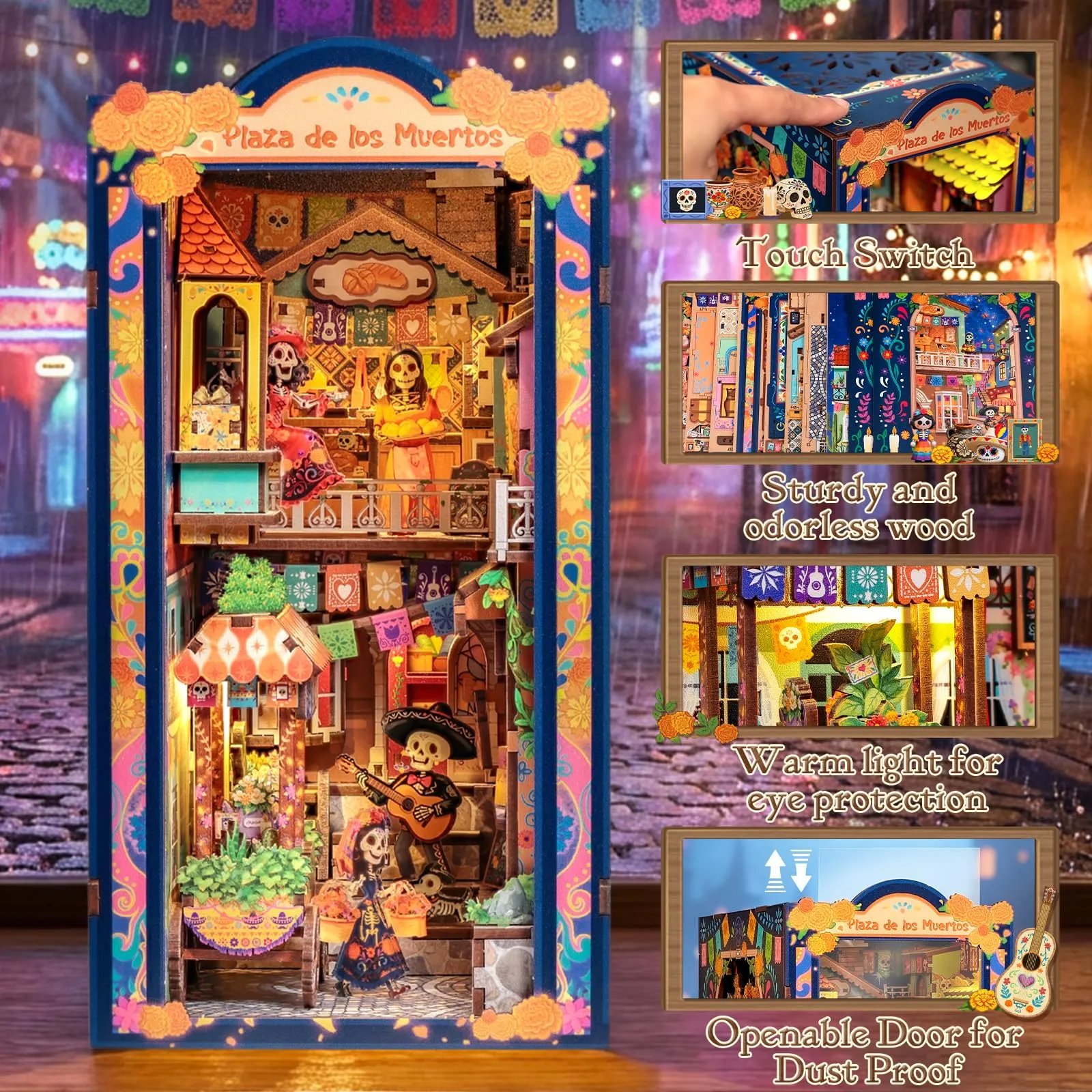Cutefun Book Nook Kit Día de Muertos - Kit fai da te in miniatura per casa delle bambole, kit di costruzione con luce LED, puzzle in legno 3D decorativi, regalo per - Plaza de los Muertos - immagine 4