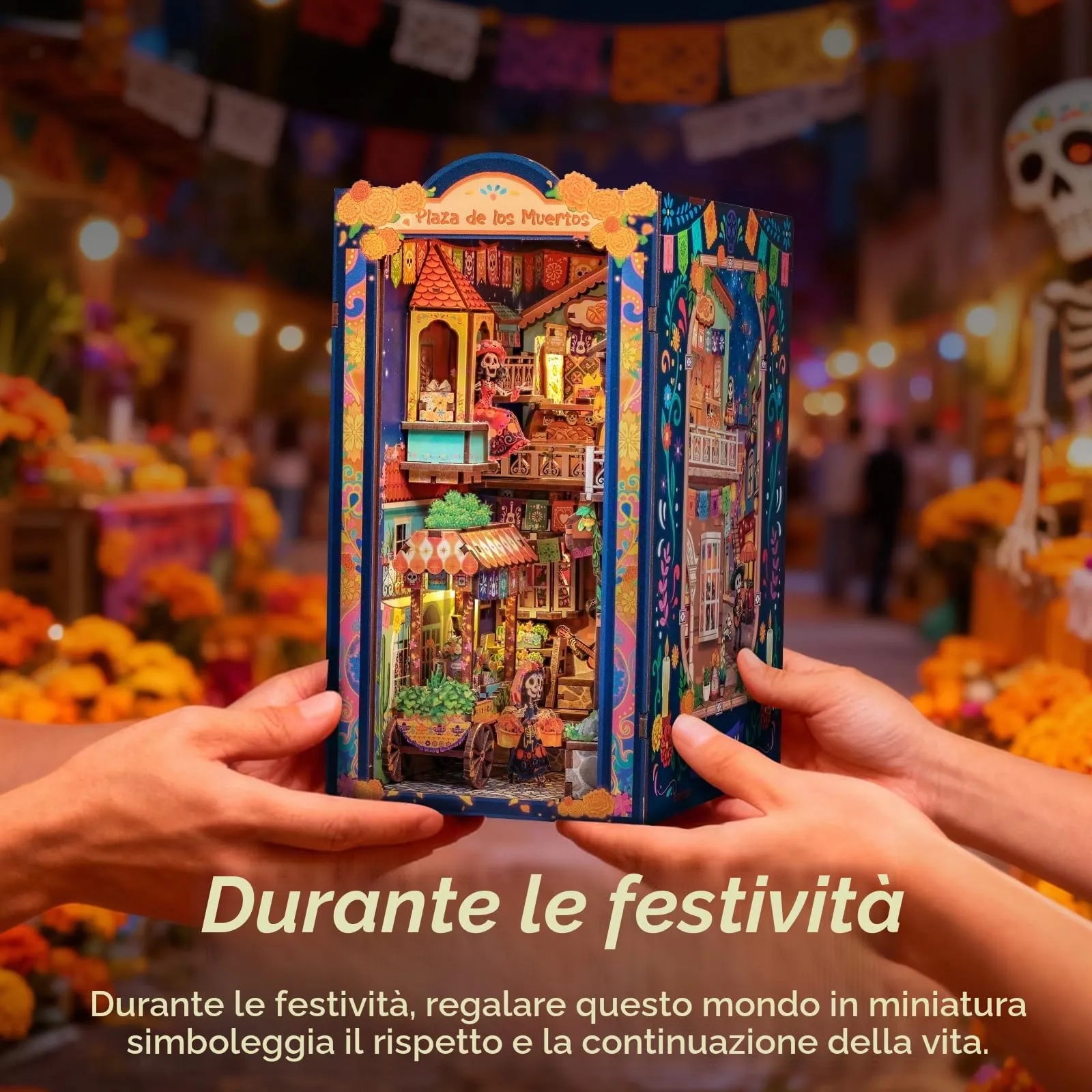 Cutefun Book Nook Kit Día de Muertos - Kit fai da te in miniatura per casa delle bambole, kit di costruzione con luce LED, puzzle in legno 3D decorativi, regalo per - Plaza de los Muertos - immagine 5