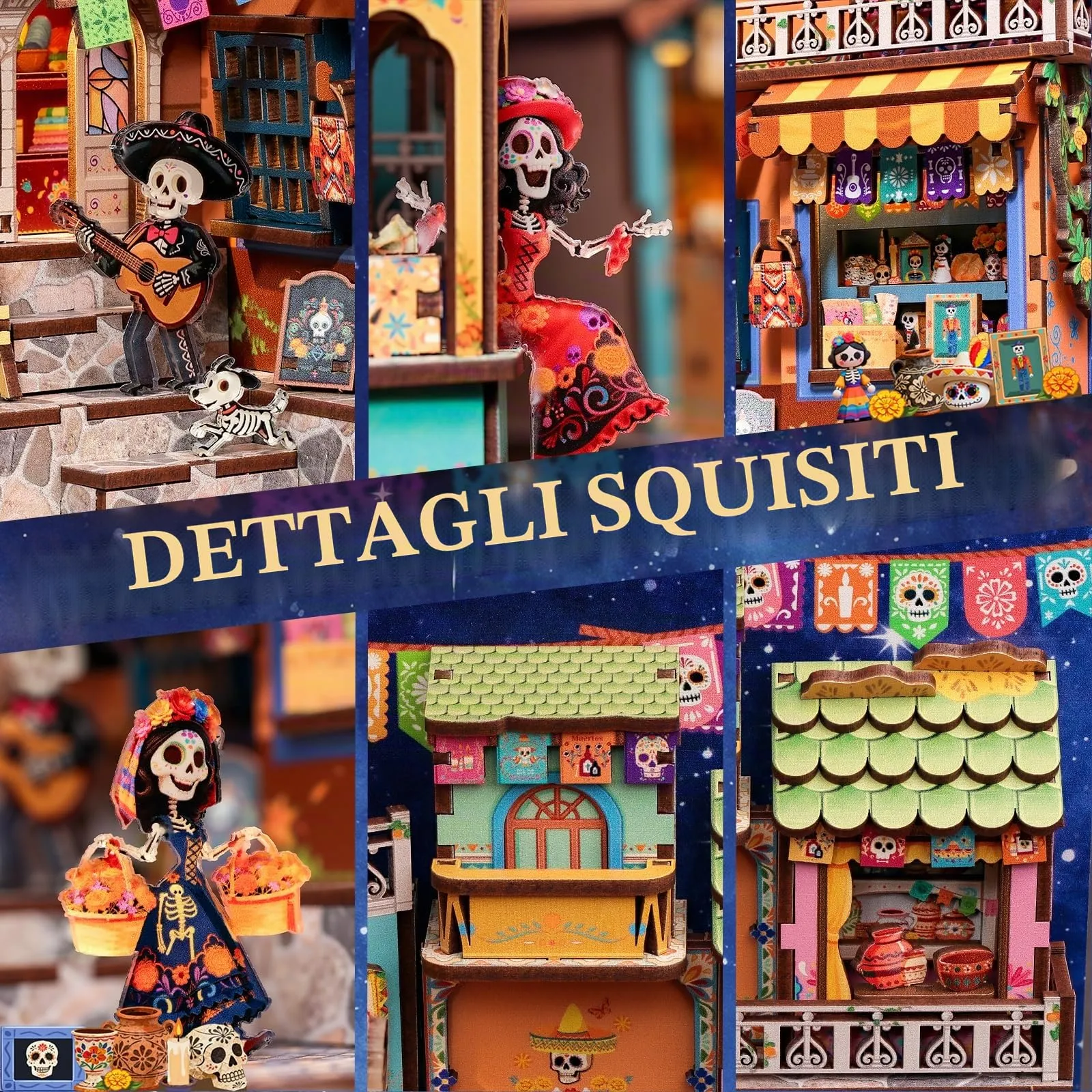 Cutefun Book Nook Kit Día de Muertos - Kit fai da te in miniatura per casa delle bambole, kit di costruzione con luce LED, puzzle in legno 3D decorativi, regalo per - Plaza de los Muertos - immagine 6