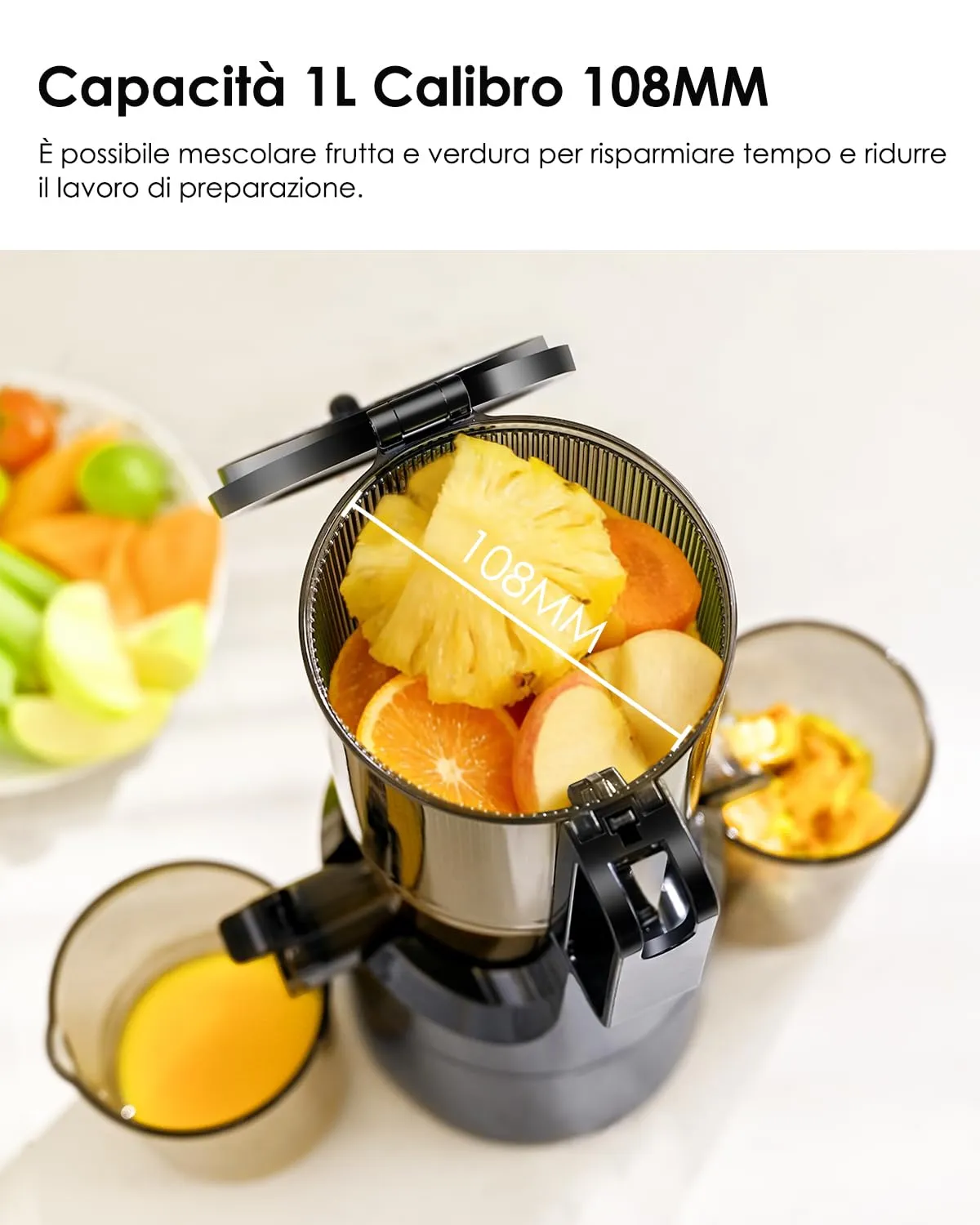 Fretta Estrattore frutta e verdura, apertura 108MM e capacità di 1L estrattore di succo, 200W centrifuga Lenta, 99% nutrienti preservati, senza BPA, facile da smontare e pulire - immagine 2