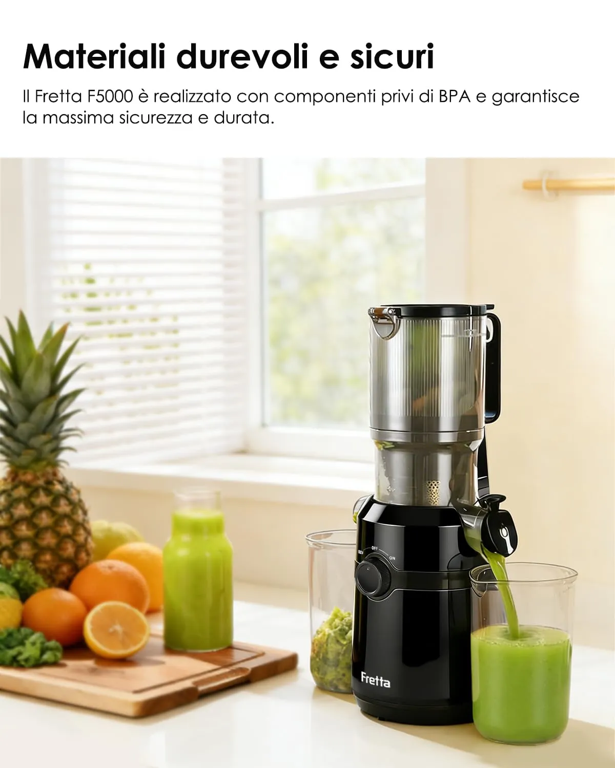 Fretta Estrattore frutta e verdura, apertura 108MM e capacità di 1L estrattore di succo, 200W centrifuga Lenta, 99% nutrienti preservati, senza BPA, facile da smontare e pulire - immagine 3