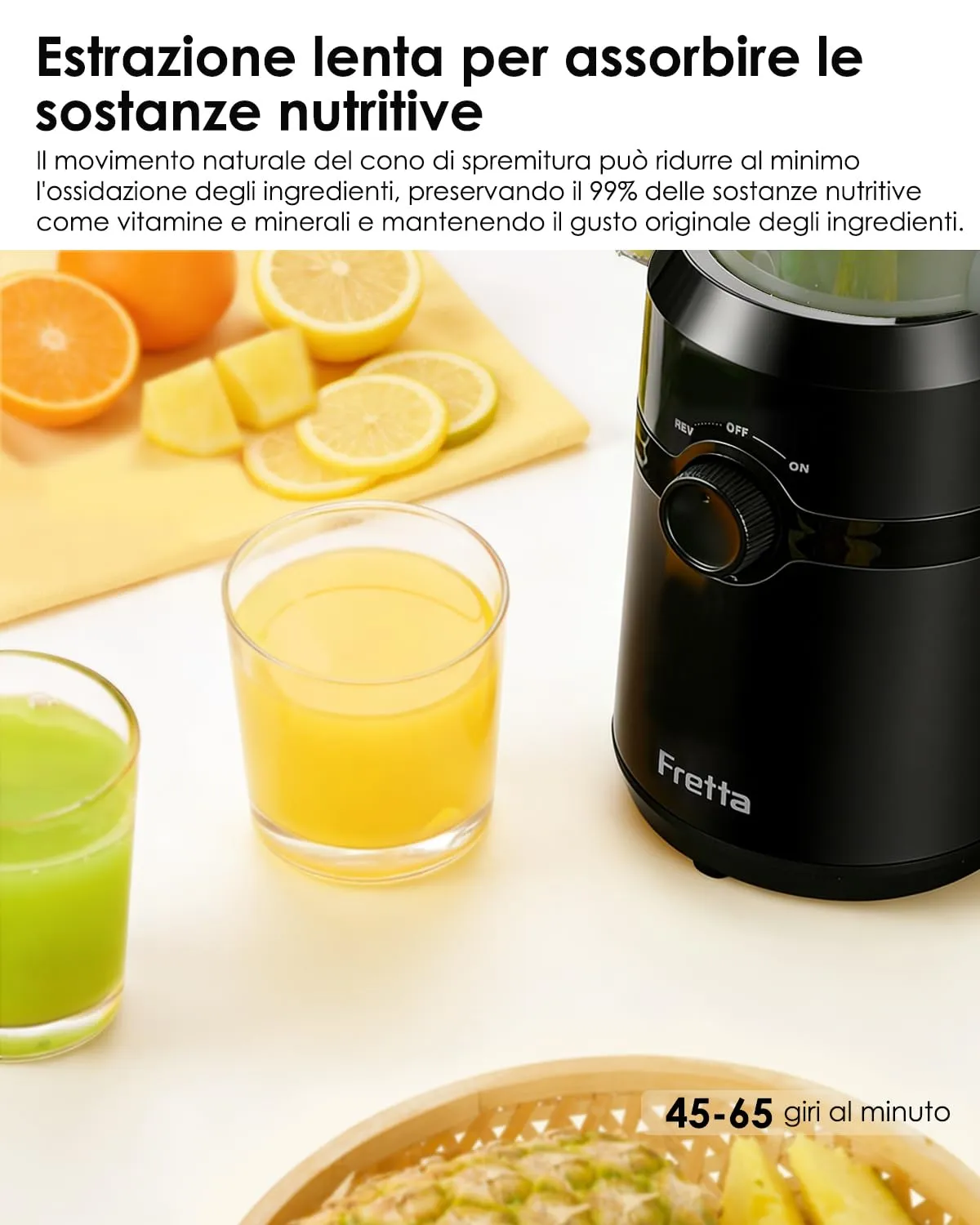 Fretta Estrattore frutta e verdura, apertura 108MM e capacità di 1L estrattore di succo, 200W centrifuga Lenta, 99% nutrienti preservati, senza BPA, facile da smontare e pulire - immagine 4