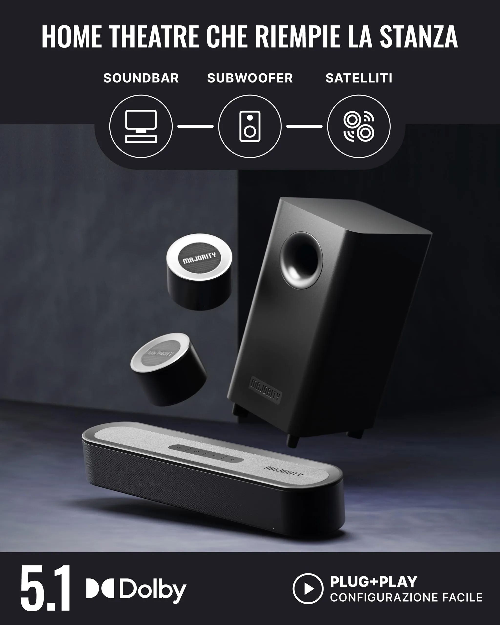 Majority Bowfell Halo Soundbar TV con Subwoofer e Altoparlanti Satellitari - immagine 4