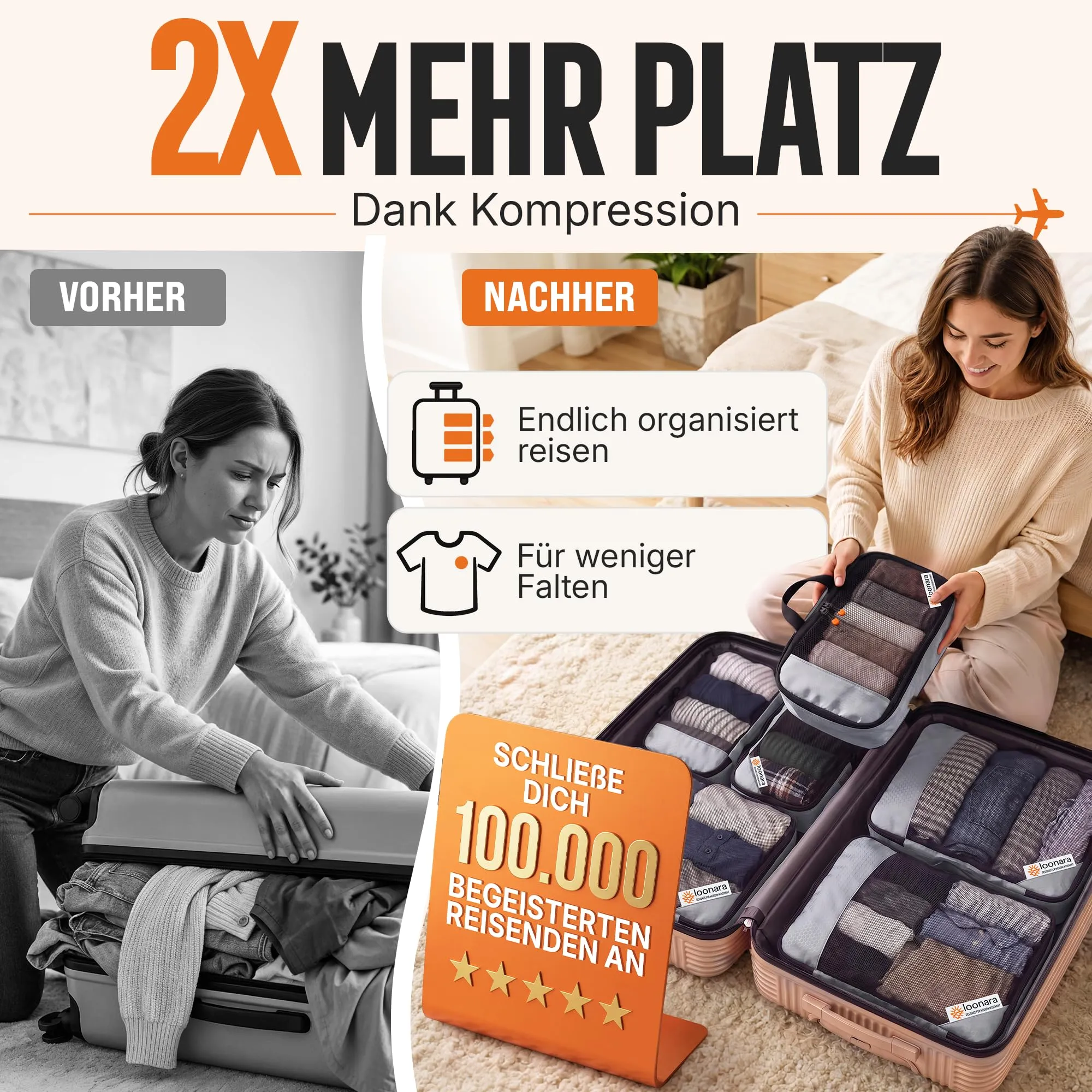 Loonara Travel Set di cubi organizer a compressione - 100% di spazio in più - Cubi organizer per valigie, set organizer per valigie, cubi organizer a compressione, borse da viaggio per valigie - immagine 2