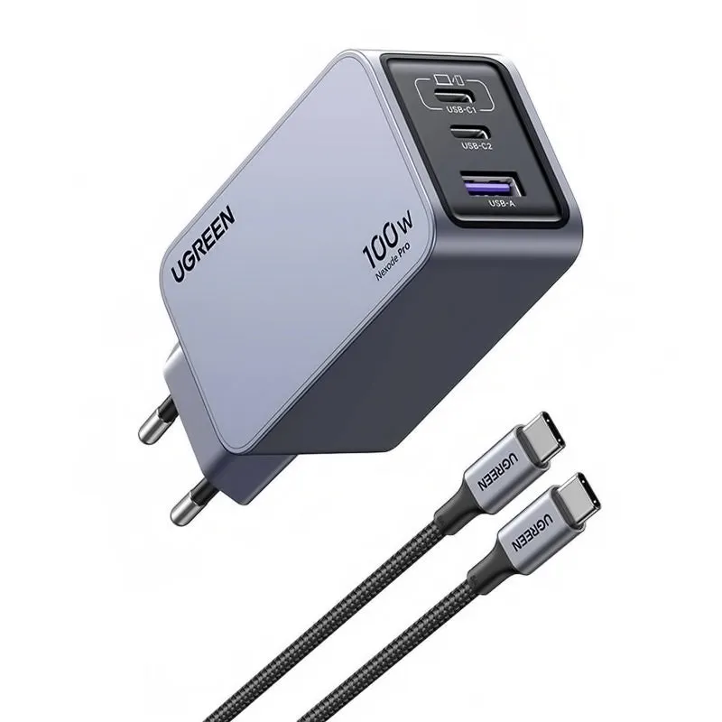UGREEN X757 Nexode Pro Caricatore di rete con cavo USB-C, 100W, 3A, 1 x USB-A - 2 x USB-C, Grigio - immagine 1