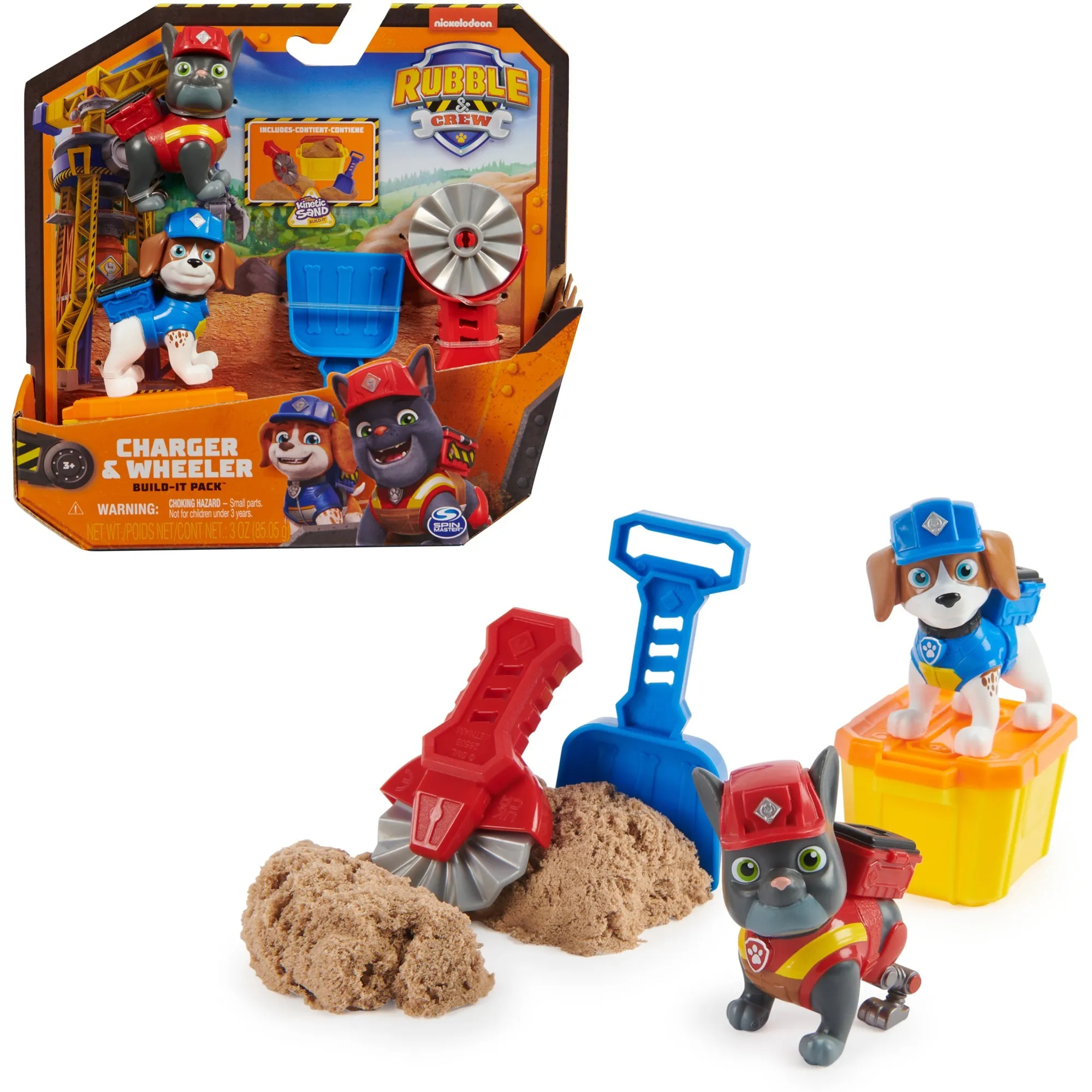 Rubble & Crew, Set personaggi Charger e Wheeler, con 85gr di sabbia e 2 accessori per costruzioni, giocattoli per bambini dai 3 anni in su, Gioco figura - immagine 1