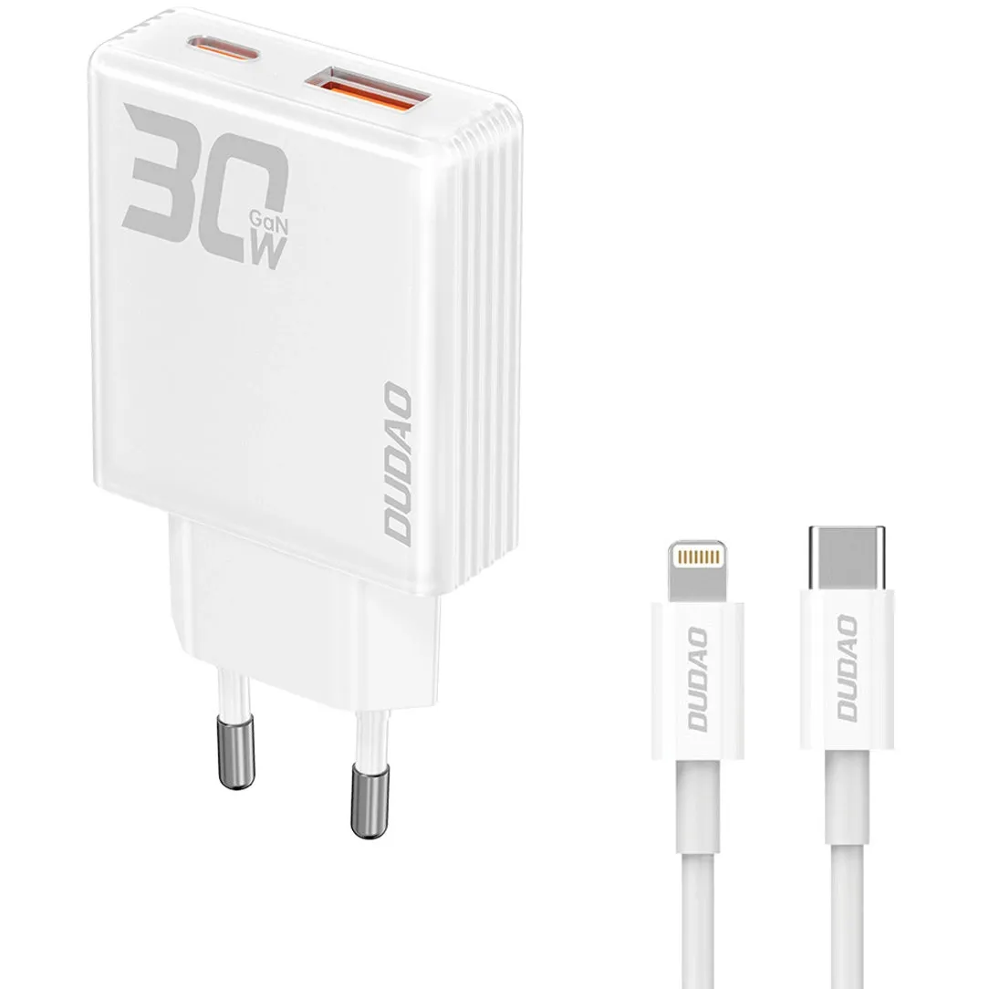 Dudao A30EUL Caricatore di rete con cavo Lightning, 30W, 3A, 1 x USB-A - 1 x USB-C, Bianco - immagine 1
