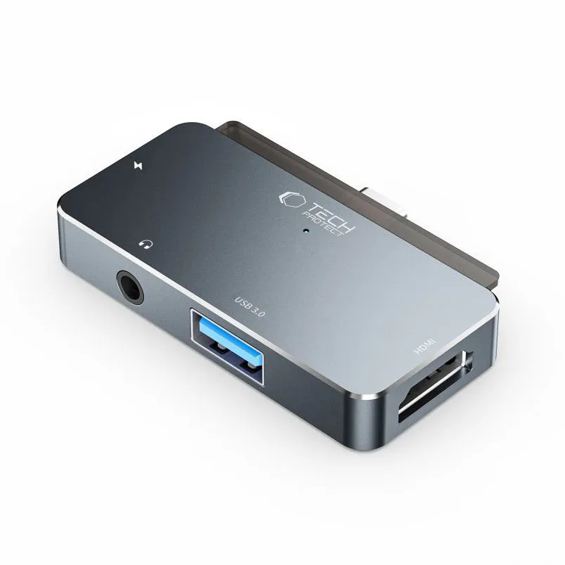 Hub USB-C Tech-Protect V6, 1 x USB-A - 1 x USB-C - 1 x HDMI - 1 x Jack 3.5mm, Grigio - immagine 1