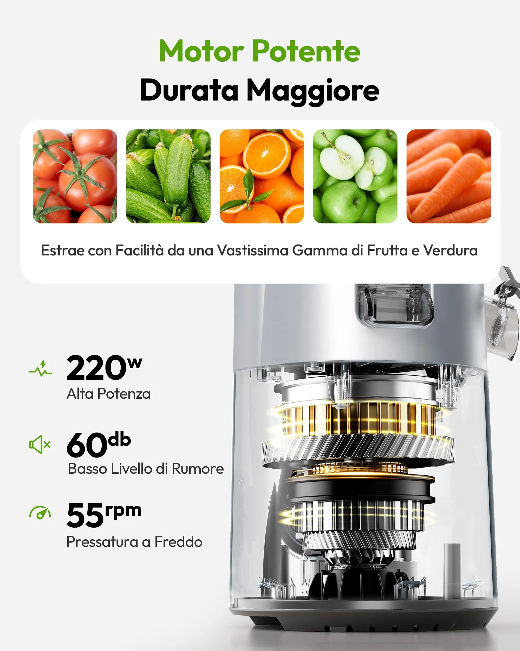 EUHOMY Estrattore Frutta e Verdura, Apertura 135MM e Capacità 1,8L Centrifuga Frutta e Verdura, 220W Estrattore di Succo con 2 Bicchieri, 99% Nutrienti Preservati, Facile da Smontare e Pulire - immagine 3