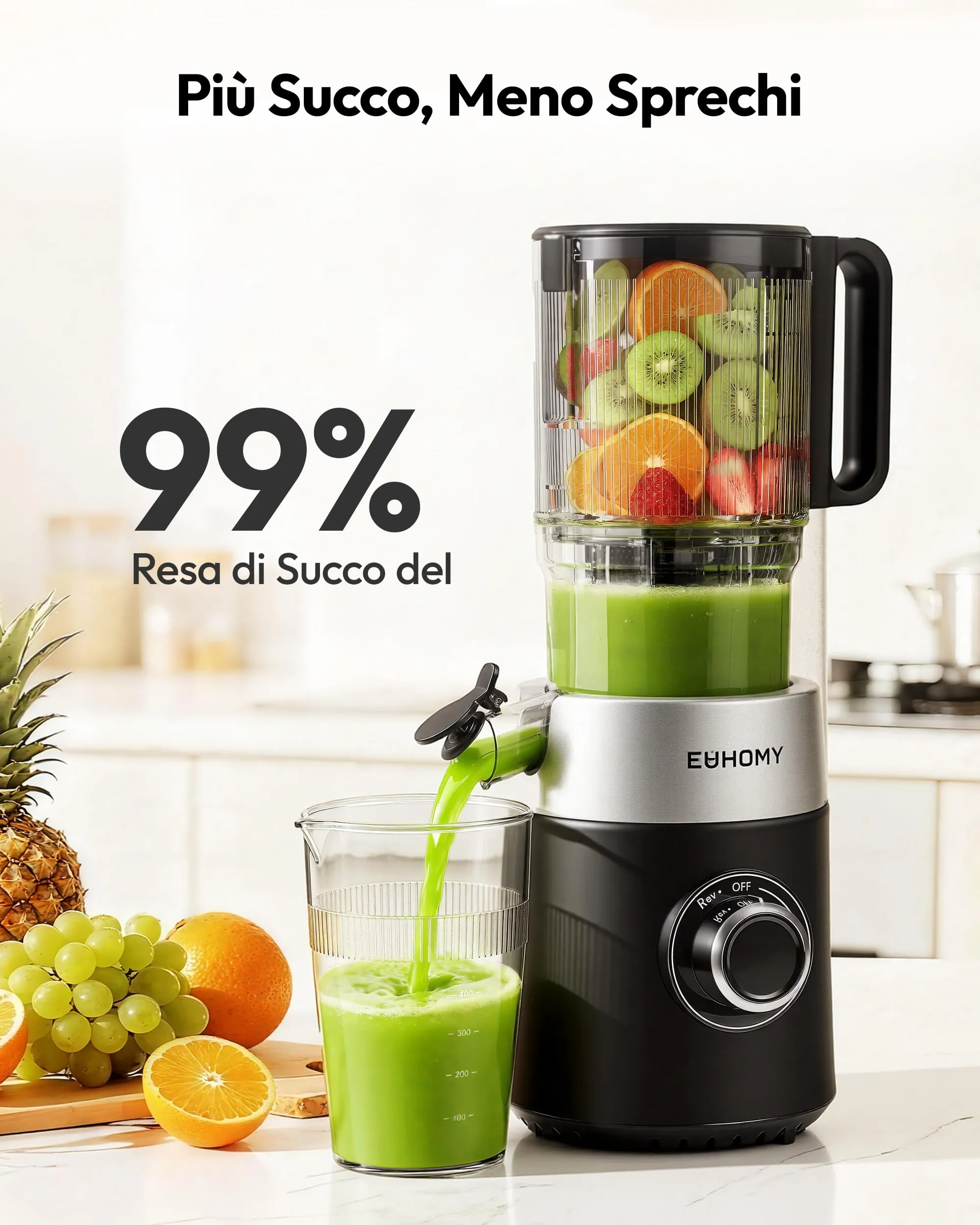 EUHOMY Estrattore Frutta e Verdura, Apertura 135MM e Capacità 1,8L Centrifuga Frutta e Verdura, 220W Estrattore di Succo con 2 Bicchieri, 99% Nutrienti Preservati, Facile da Smontare e Pulire - immagine 5