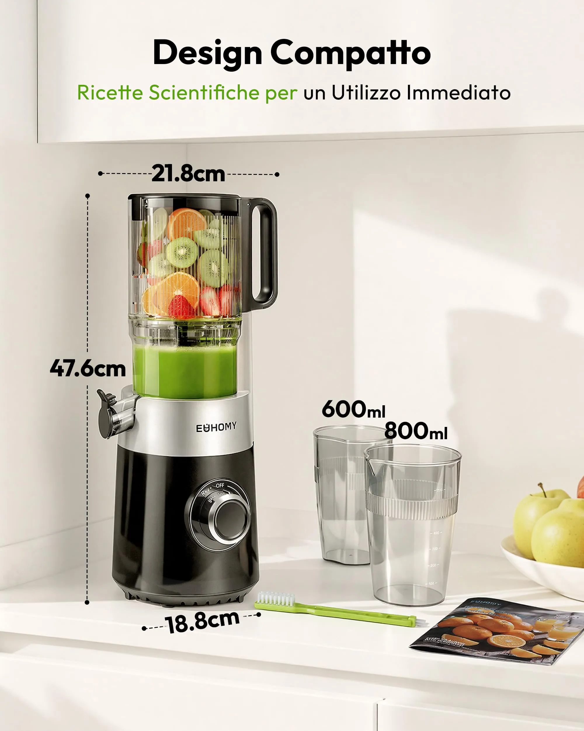 EUHOMY Estrattore Frutta e Verdura, Apertura 135MM e Capacità 1,8L Centrifuga Frutta e Verdura, 220W Estrattore di Succo con 2 Bicchieri, 99% Nutrienti Preservati, Facile da Smontare e Pulire - immagine 7