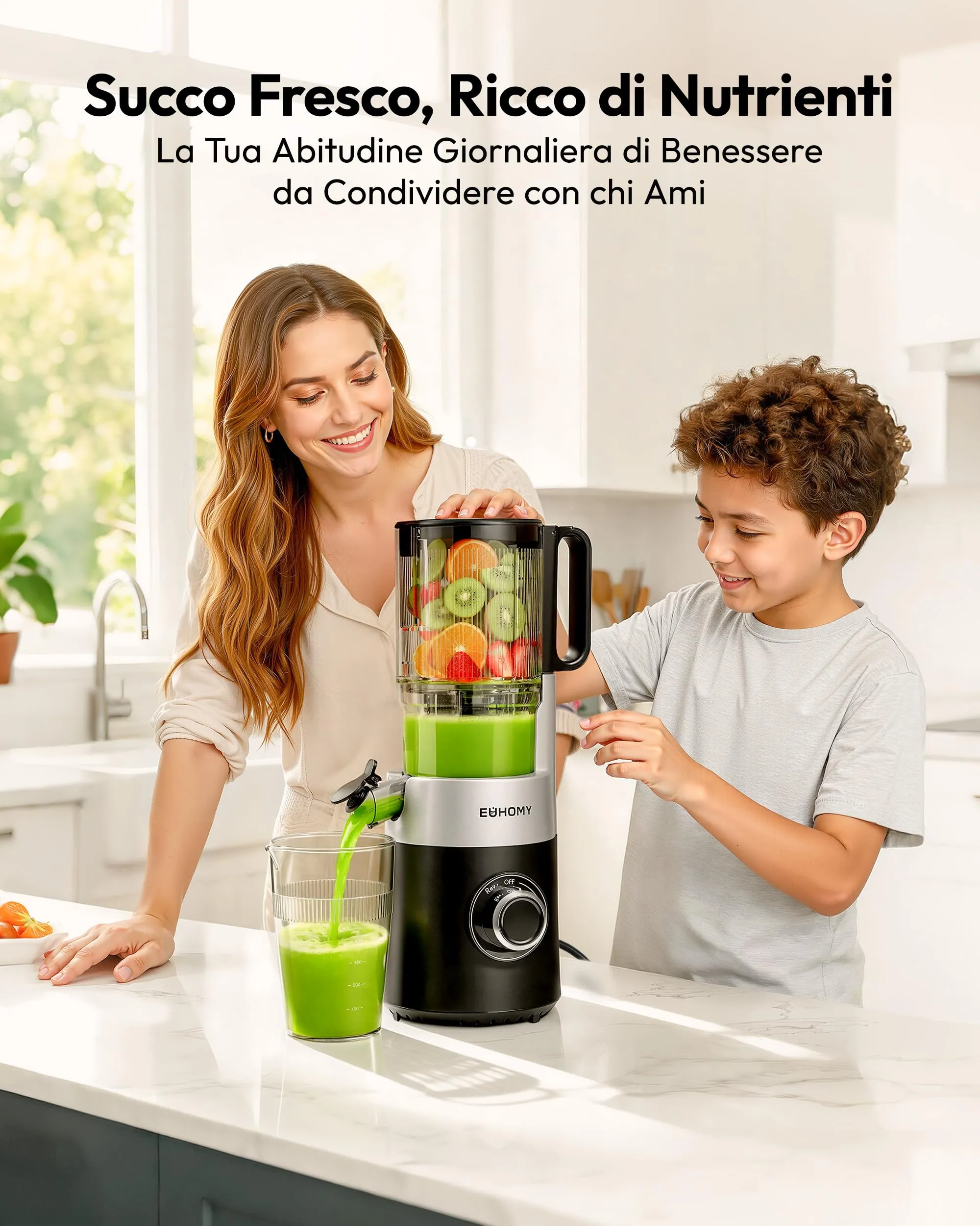 EUHOMY Estrattore Frutta e Verdura, Apertura 135MM e Capacità 1,8L Centrifuga Frutta e Verdura, 220W Estrattore di Succo con 2 Bicchieri, 99% Nutrienti Preservati, Facile da Smontare e Pulire - immagine 8