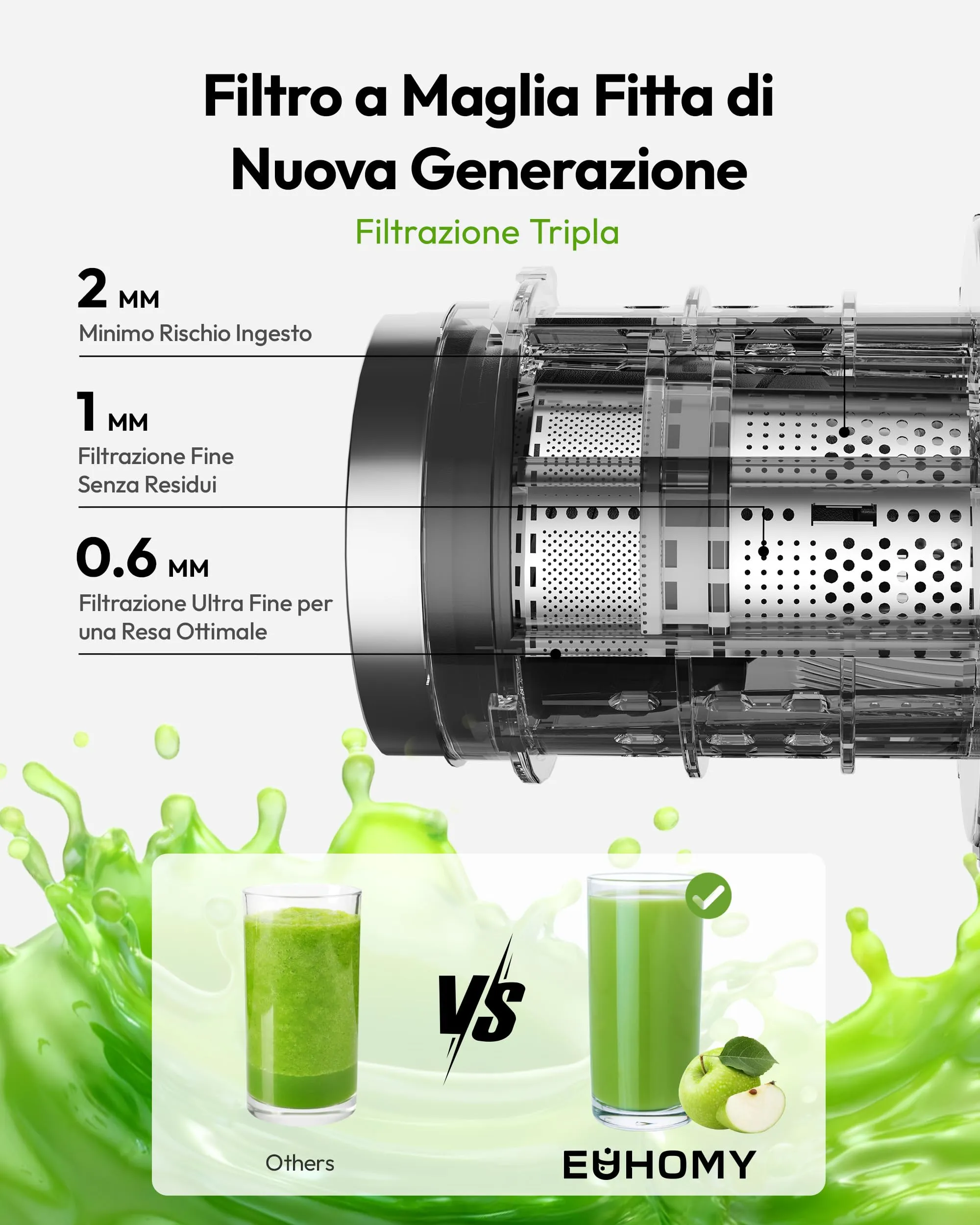 EUHOMY Estrattore Frutta e Verdura, Apertura 135MM e Capacità 1,8L Centrifuga Frutta e Verdura, 220W Estrattore di Succo con 2 Bicchieri, 99% Nutrienti Preservati, Facile da Smontare e Pulire - immagine 9