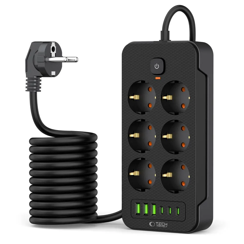 Prolunga Tech-Protect PC6X6, 6 x Schuko - 3 x USB-A - 3 x USB-C, Nero - immagine 1