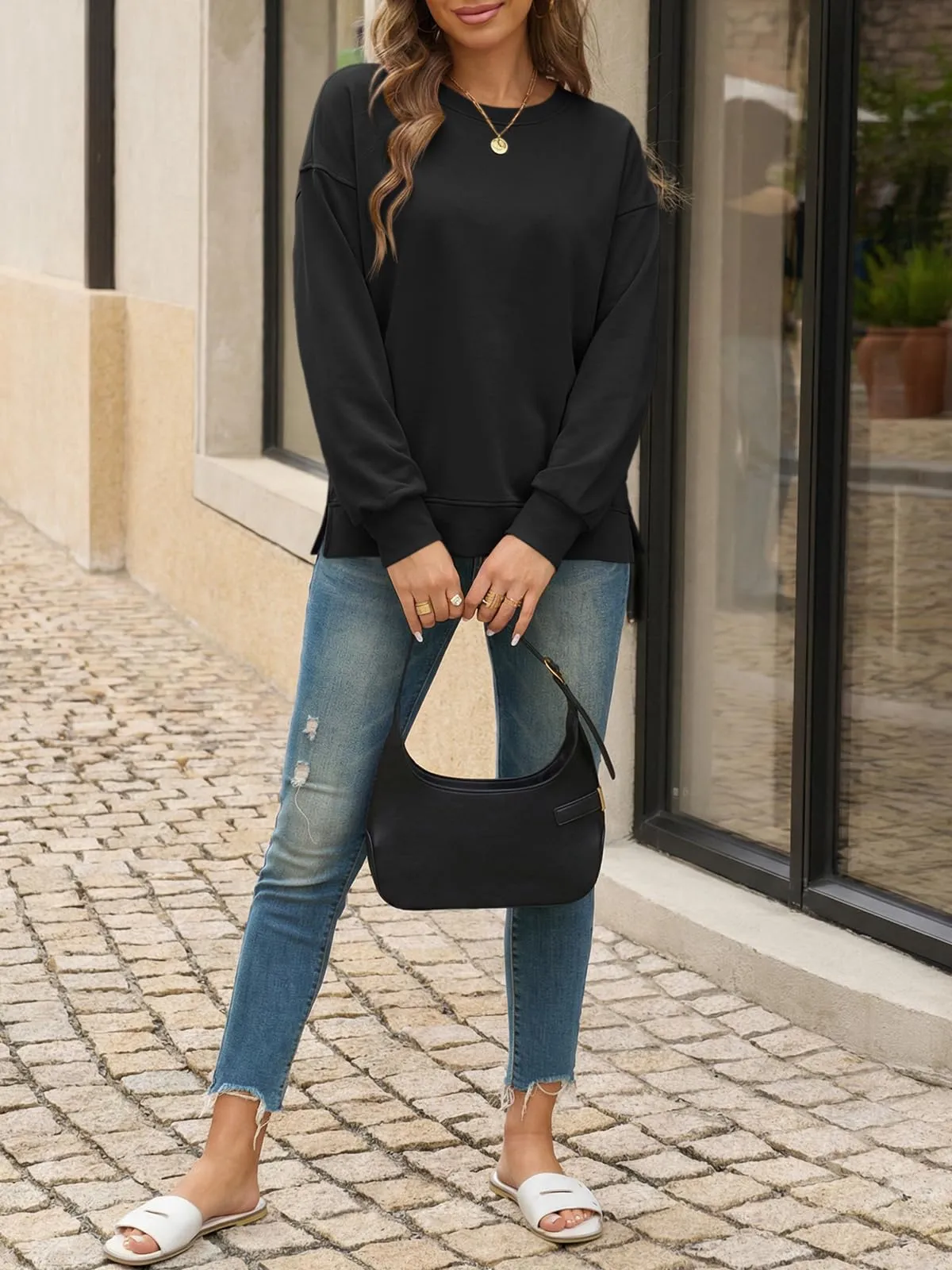 Cicy Bell Maglione da Donna a Maniche Lunghe Sweatshirt Pullover Elegante Basic a Maniche Lunghe Girocollo Pulli Casual Top, Nero/1, XXL - immagine 5
