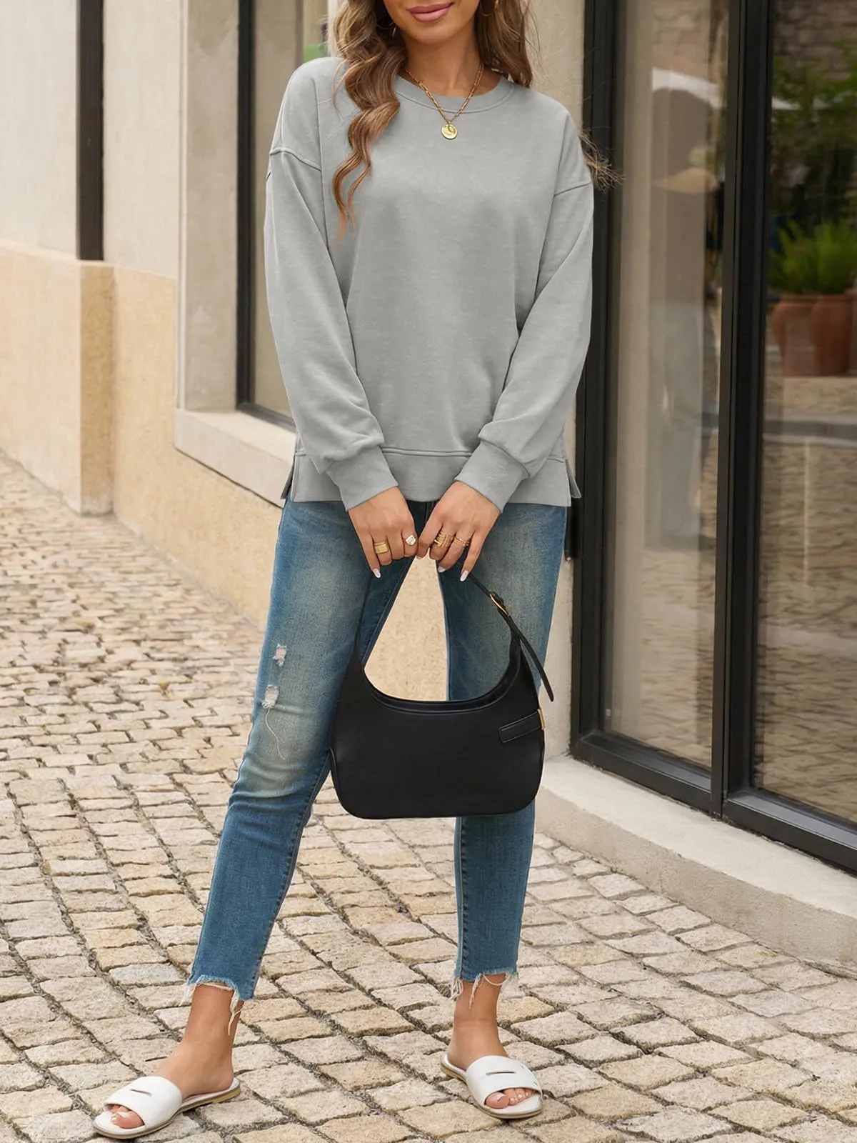 Cicy Bell Maglione da Donna a Maniche Lunghe Sweatshirt Elegante Basic a Maniche Lunghe Girocollo Pullover Casual Top, Grigio 1, S - immagine 5