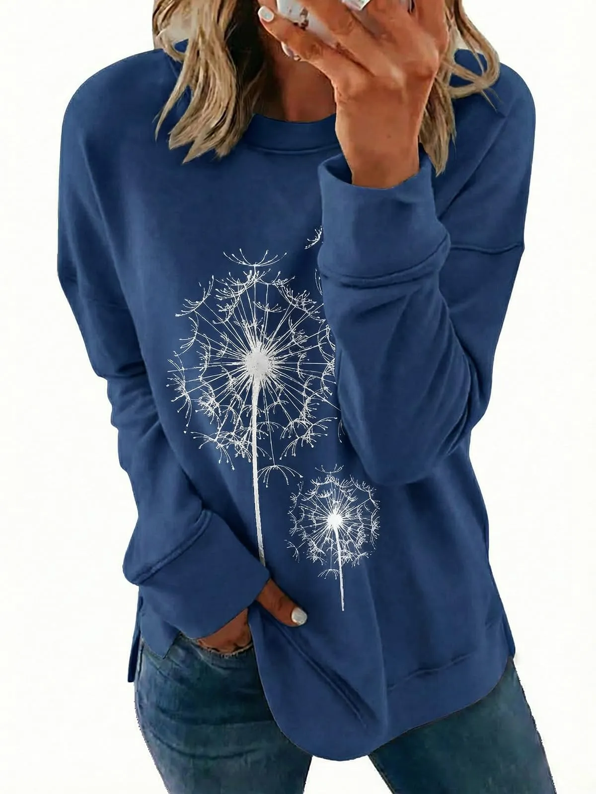 Cicy Bell Maglione da Donna a Maniche Lunghe, Felpa Elegante, Basic, Girocollo, Casual, Tops, Blu mare, M - immagine 1