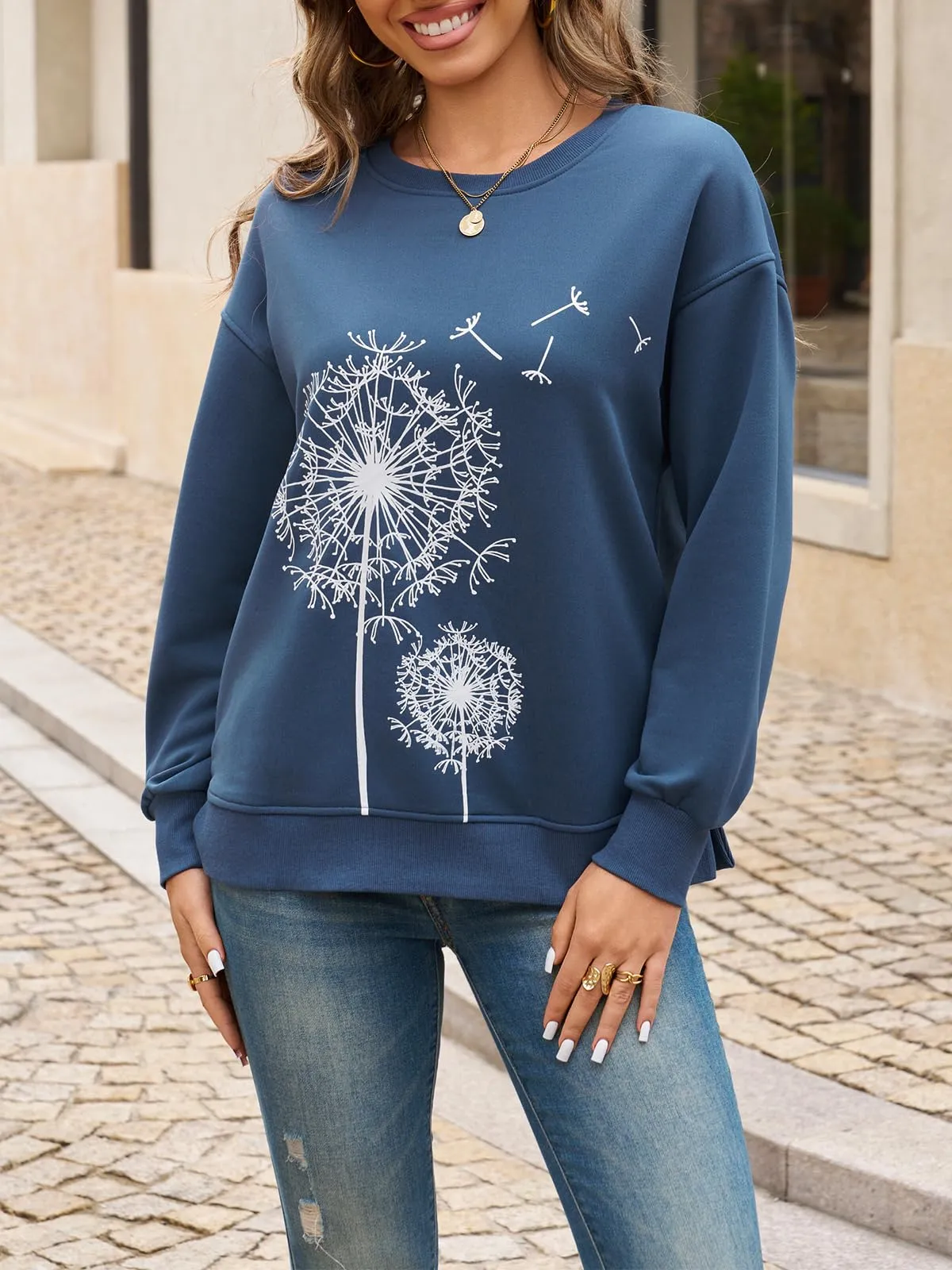 Cicy Bell Maglione da Donna a Maniche Lunghe, Felpa Elegante, Basic, Girocollo, Casual, Tops, Blu mare, M - immagine 4