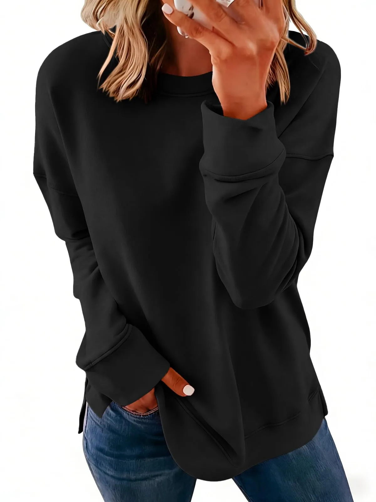 Cicy Bell Felpa da donna a maniche lunghe, elegante, basic, a maniche lunghe, girocollo, casual, Nero/1, S - immagine 1