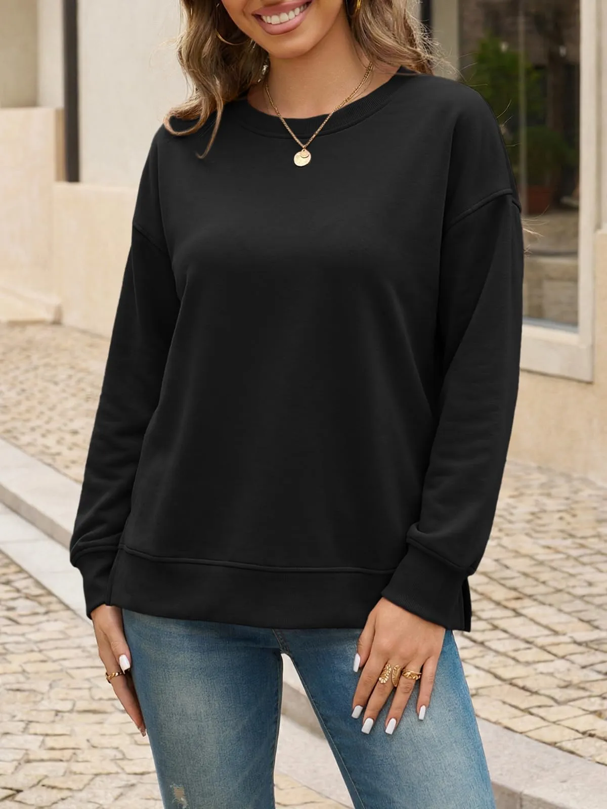 Cicy Bell Felpa da donna a maniche lunghe, elegante, basic, a maniche lunghe, girocollo, casual, Nero/1, S - immagine 4