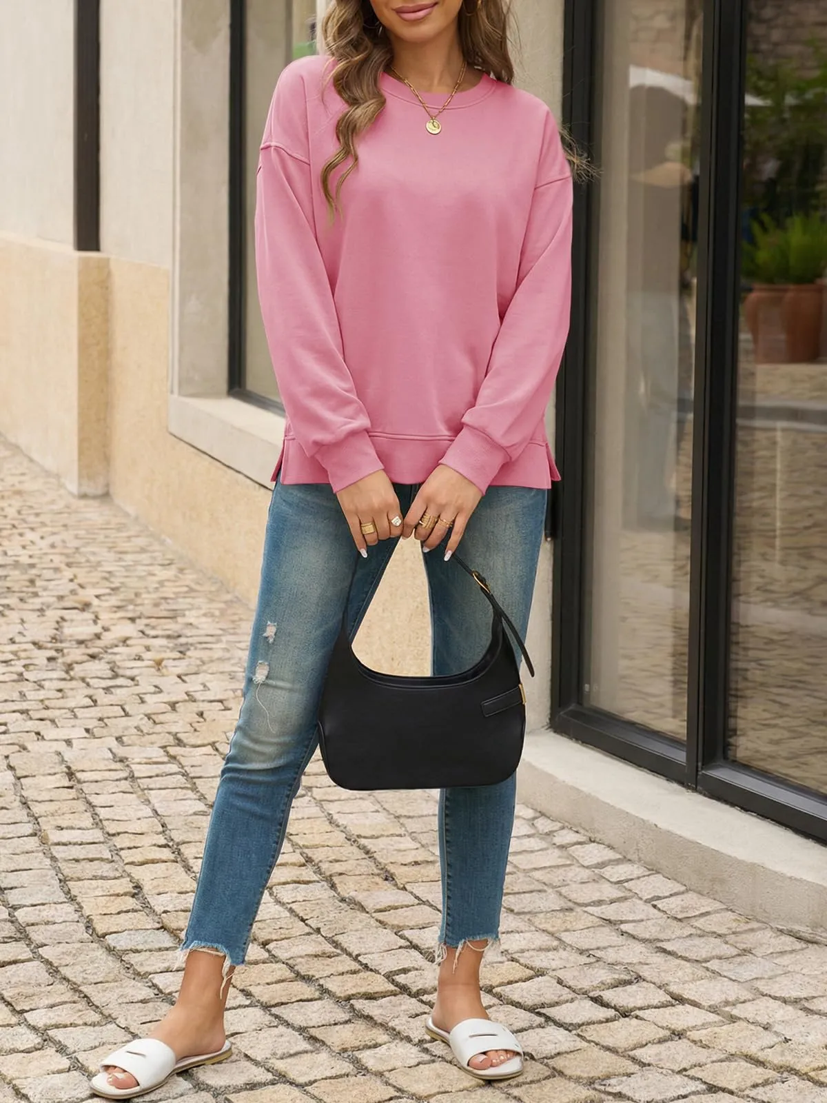 Cicy Bell Felpa da donna a maniche lunghe, elegante, basic, a maniche lunghe, girocollo, casual, Colore: rosa., XL - immagine 5