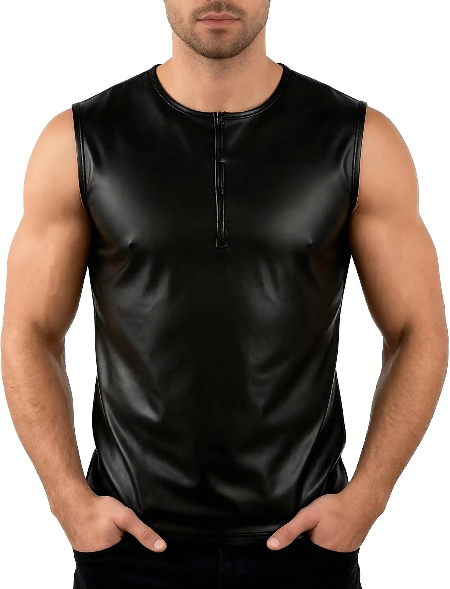 FEOYA Maglietta intima da uomo in lattice, senza maniche, sexy, effetto bagnato, da uomo, in pelle PU, senza maniche, erotica, da uomo, B2, L - immagine 1
