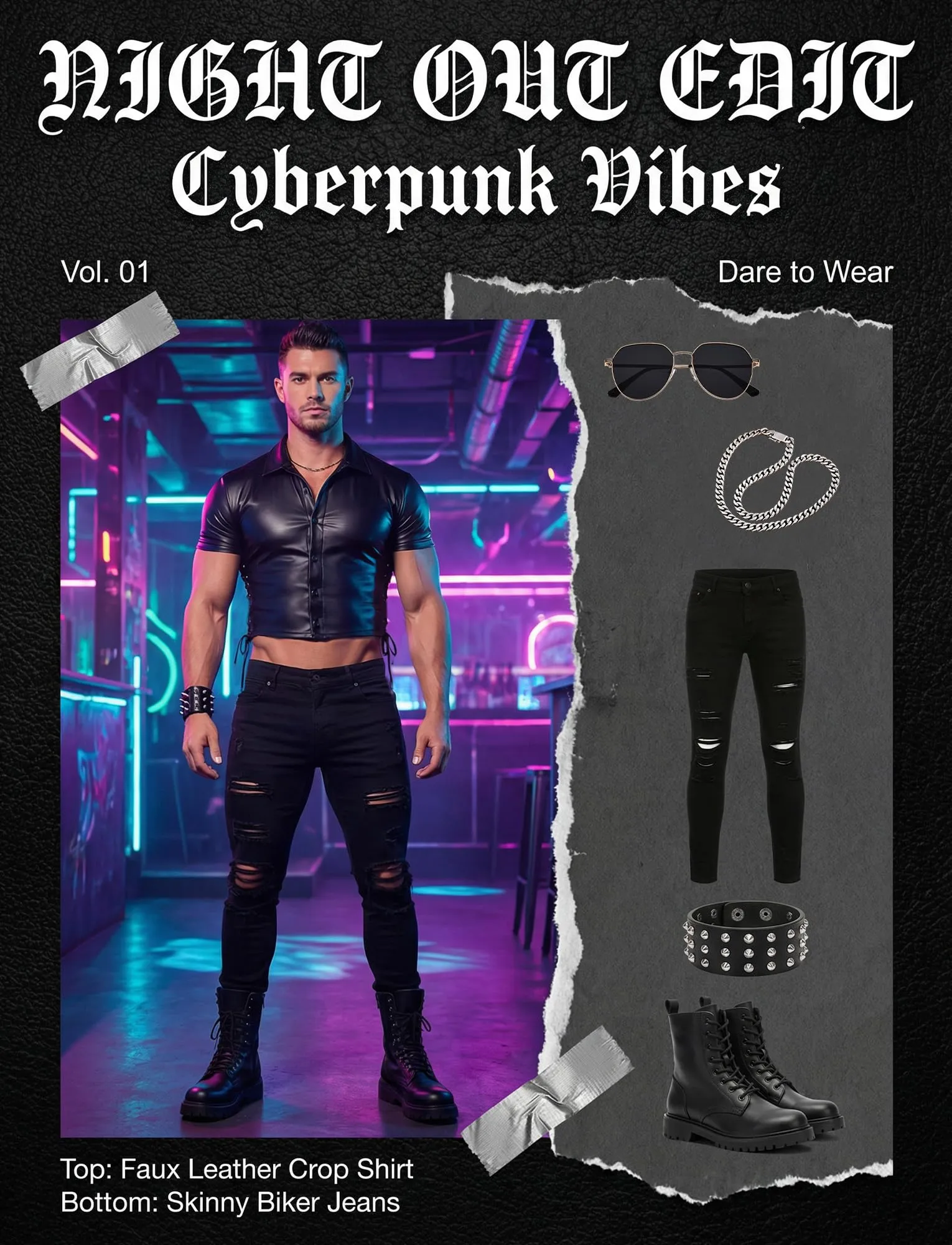 Canottiera da uomo in finta pelle a maniche corte crop top gilet muscoloso B1 M - immagine 3