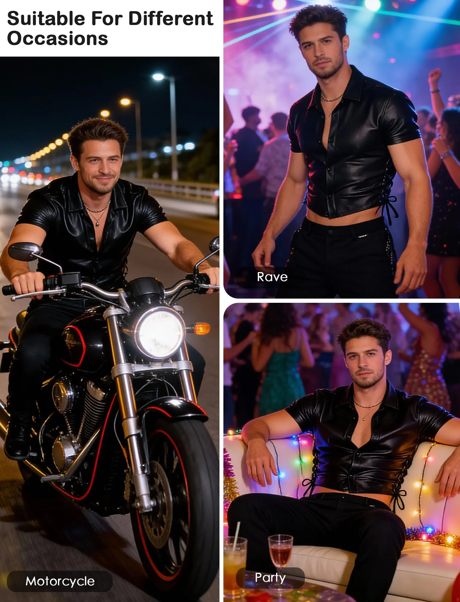Canottiera da uomo in finta pelle a maniche corte crop top gilet muscoloso B1 M - immagine 4