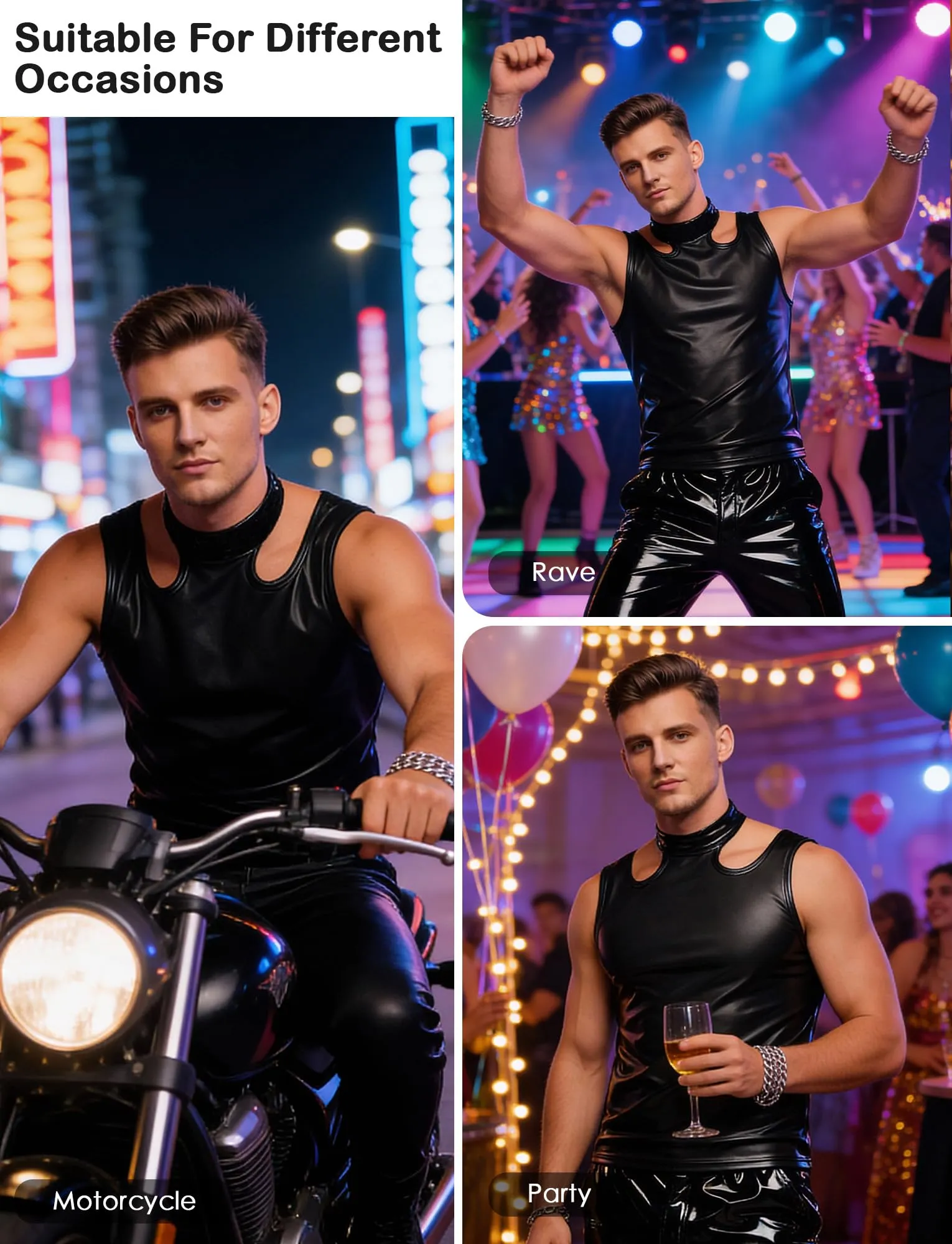 FEOYA Maglietta intima da uomo in lattice, senza maniche, sexy, effetto bagnato, da uomo, in pelle PU, senza maniche, erotica, da uomo, B3, M - immagine 4