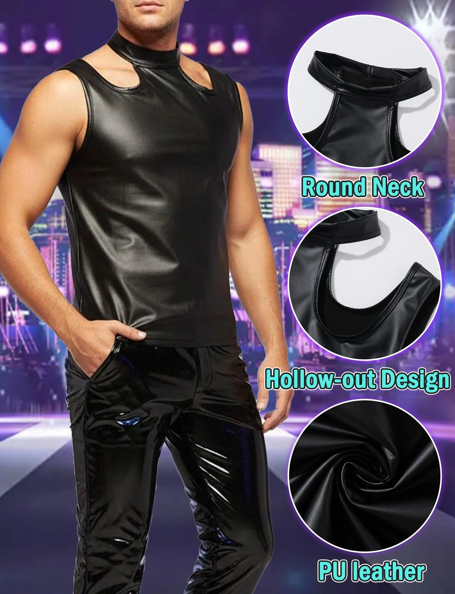 FEOYA Maglietta intima da uomo in lattice, senza maniche, sexy, effetto bagnato, da uomo, in pelle PU, senza maniche, erotica, da uomo, B3, M - immagine 5