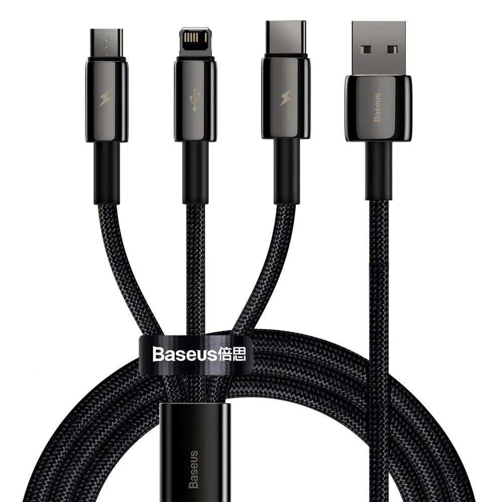 Cavo di Ricarica USB-A - Lightning / microUSB / USB-C Baseus Tungsten Gold 3in1, 18W, 1.5m, Nero CAMLTWJ-01 - immagine 1