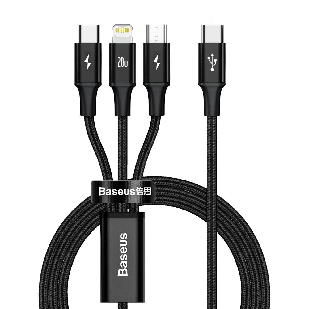 Cavo di Ricarica USB-C - Lightning / microUSB / USB-C Baseus Rapid 3in1, 20W, 1.5m, Nero CAMLT-SC01 - immagine 1