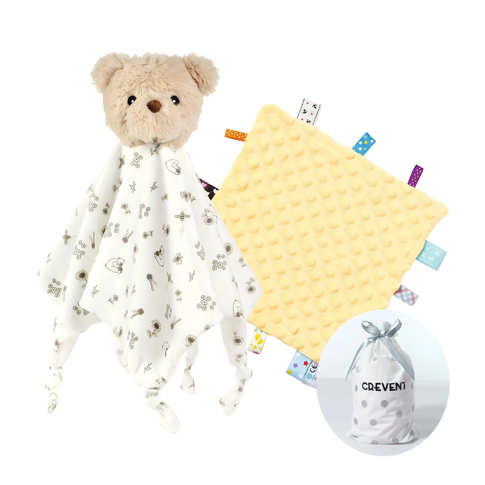 CREVENT Coperta di sicurezza in peluche accogliente per neonati, morbido pupazzo Lovey per bambine e bambini, coperta comfort, regalo di compleanno - Orso + Etichetta - immagine 1