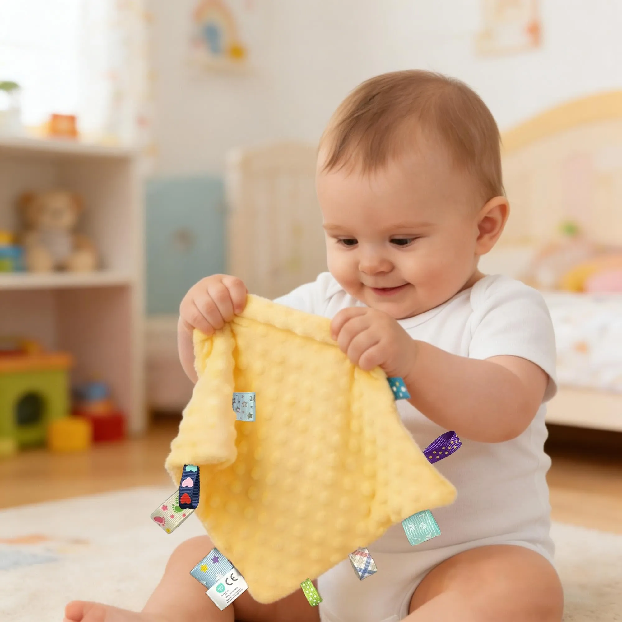CREVENT Coperta di sicurezza in peluche accogliente per neonati, morbido pupazzo Lovey per bambine e bambini, coperta comfort, regalo di compleanno - Orso + Etichetta - immagine 5