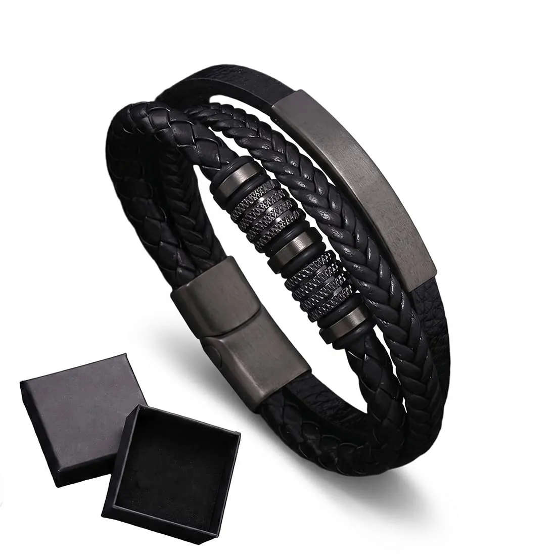 GWEOR Bracciale da Uomo - Bracciale in Pelle - Bracciale Rigido in Pelle Nero - Regalo per Uomo - Bracciale Largo Intrecciato in Pelle con Chiusura Magnetica - immagine 1