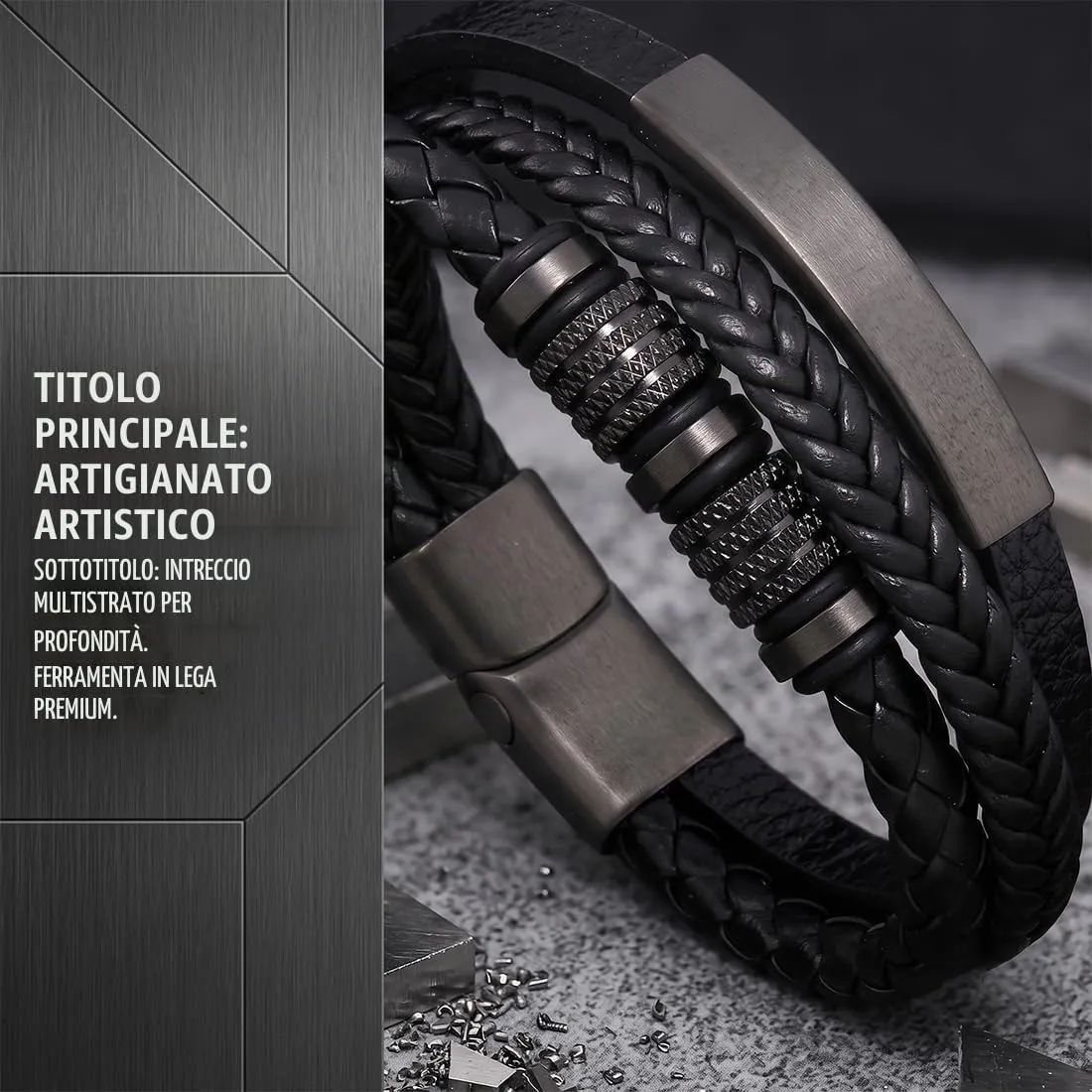 GWEOR Bracciale da Uomo - Bracciale in Pelle - Bracciale Rigido in Pelle Nero - Regalo per Uomo - Bracciale Largo Intrecciato in Pelle con Chiusura Magnetica - immagine 3