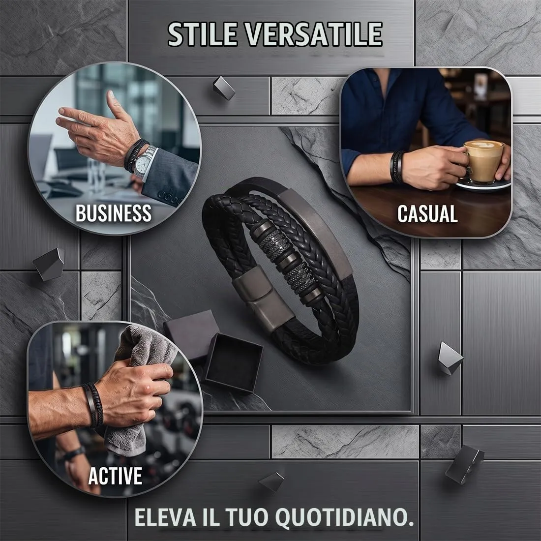GWEOR Bracciale da Uomo - Bracciale in Pelle - Bracciale Rigido in Pelle Nero - Regalo per Uomo - Bracciale Largo Intrecciato in Pelle con Chiusura Magnetica - immagine 4