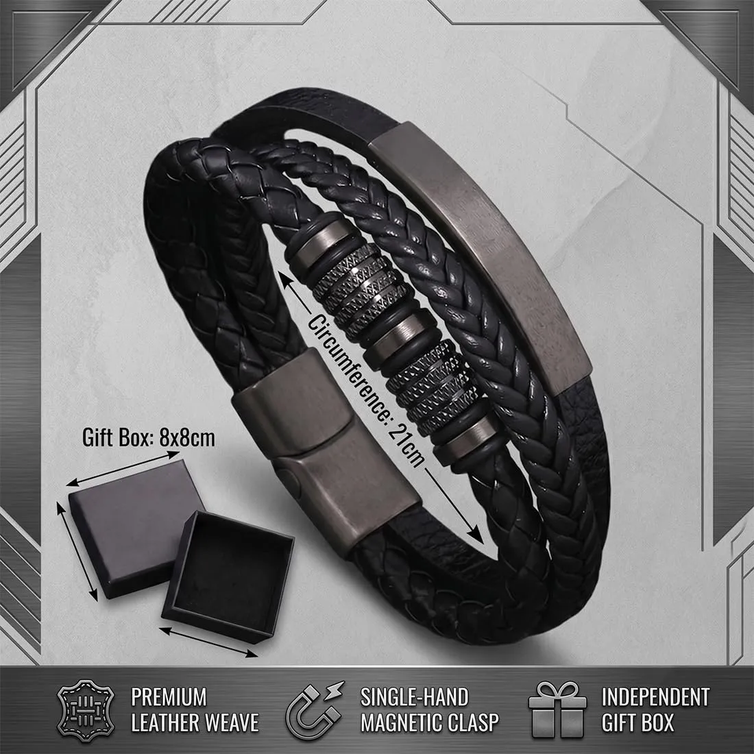 GWEOR Bracciale da Uomo - Bracciale in Pelle - Bracciale Rigido in Pelle Nero - Regalo per Uomo - Bracciale Largo Intrecciato in Pelle con Chiusura Magnetica - immagine 5